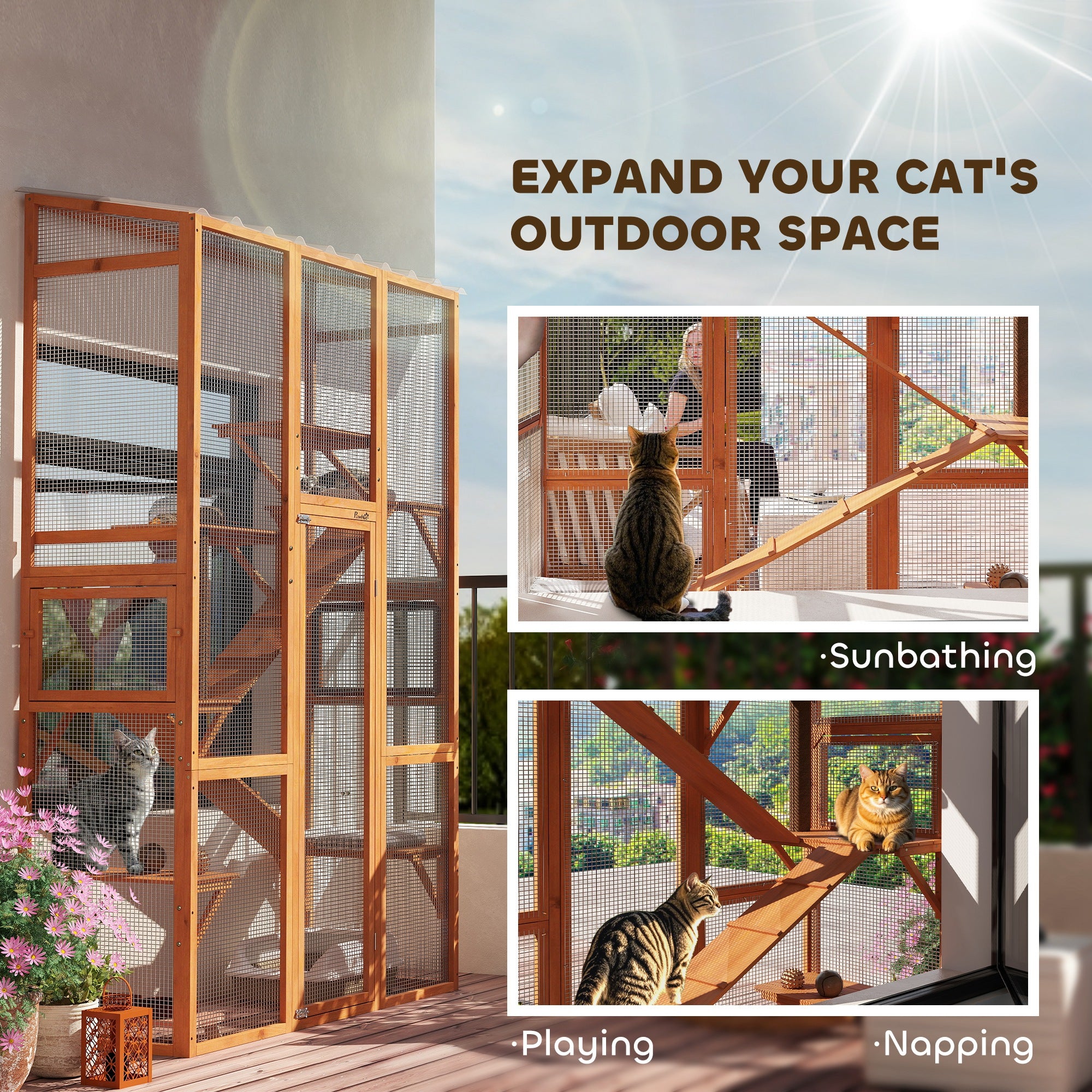 Large Outdoor Catio with 6 Jumping Platforms, Scratching Post, 2 Ramps, Waterproof Roof, Orange