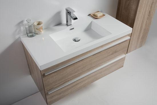 36" Soft Oak Wall Mount Bathroom Vanity with White Polymarble Countertop