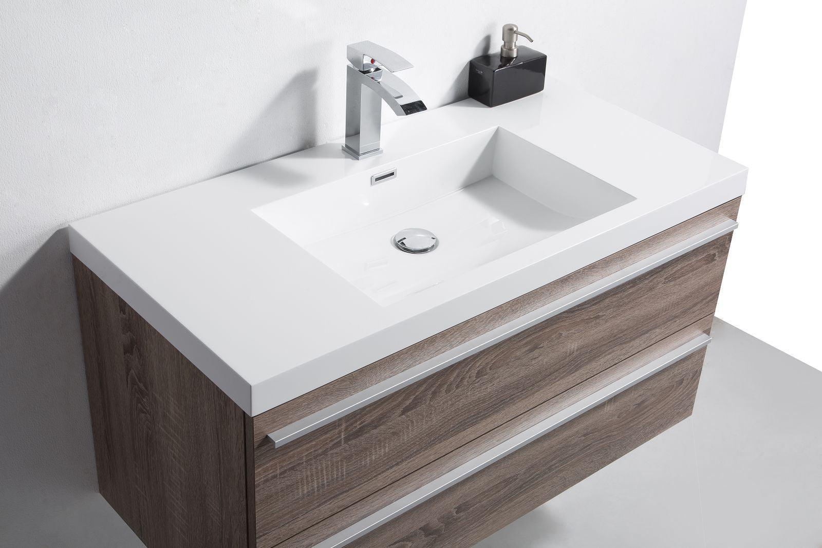 42" Soft Oak Wall Mount Bathroom Vanity with White Polymarble Countertop