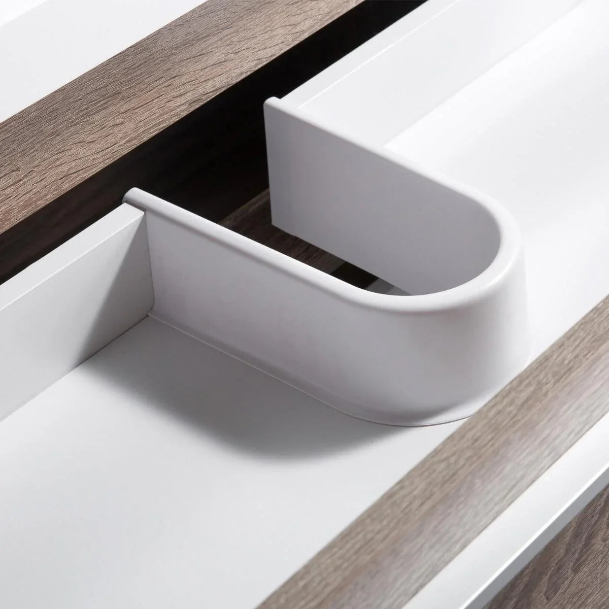36" Soft Oak Wall Mount Bathroom Vanity with White Polymarble Countertop