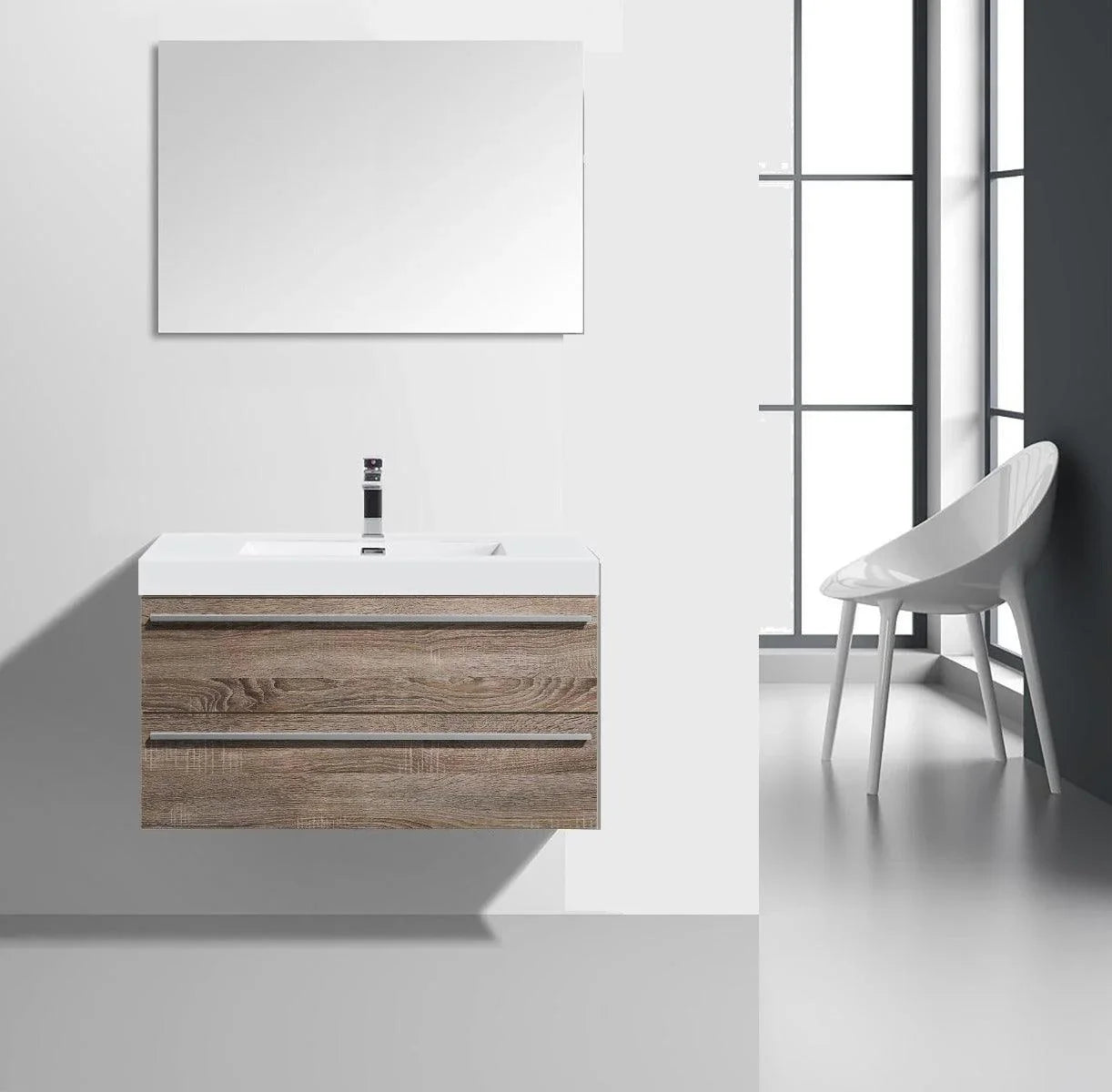 36" Soft Oak Wall Mount Bathroom Vanity with White Polymarble Countertop
