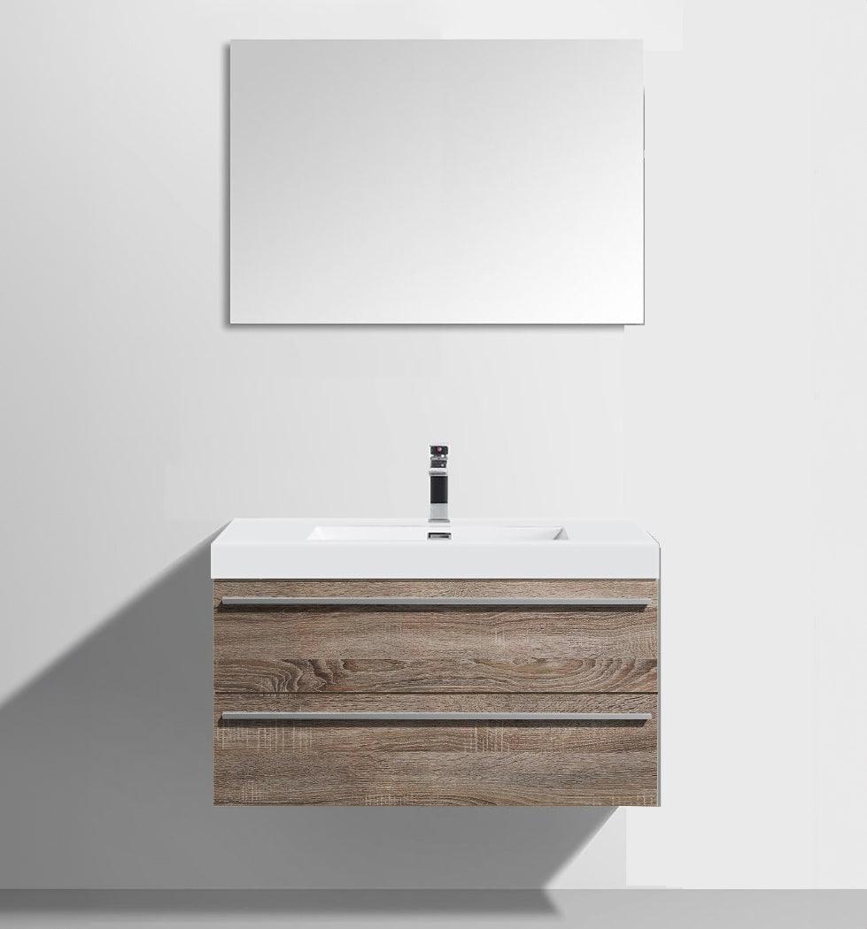 36" Soft Oak Wall Mount Bathroom Vanity with White Polymarble Countertop