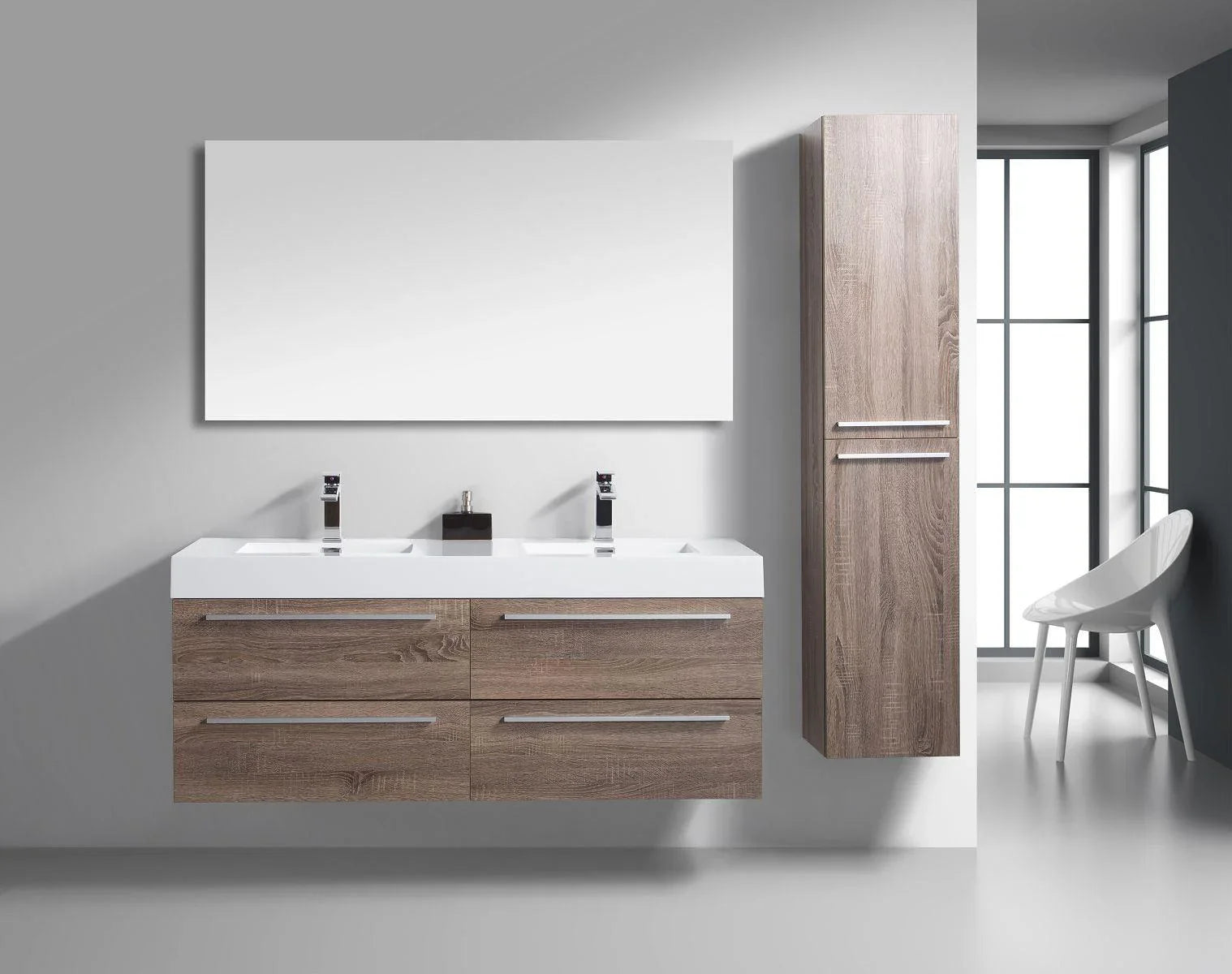 60" Soft Oak Wall Mount Double Sink Bathroom Vanity with White Polymarble Countertop Sofia