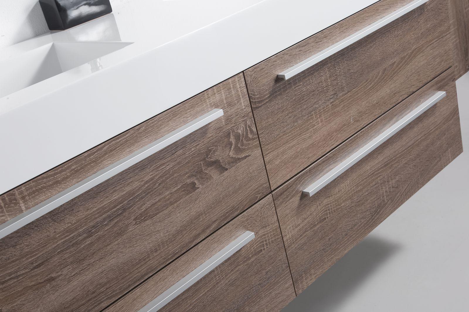 60" Soft Oak Wall Mount Double Sink Bathroom Vanity with White Polymarble Countertop Sofia
