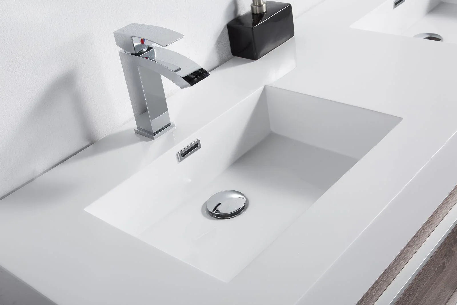 60" Soft Oak Wall Mount Double Sink Bathroom Vanity with White Polymarble Countertop Sofia
