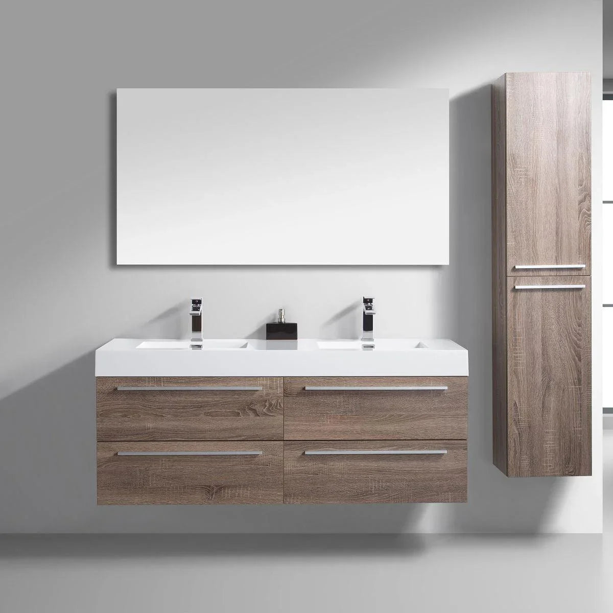 60" Soft Oak Wall Mount Double Sink Bathroom Vanity with White Polymarble Countertop Sofia