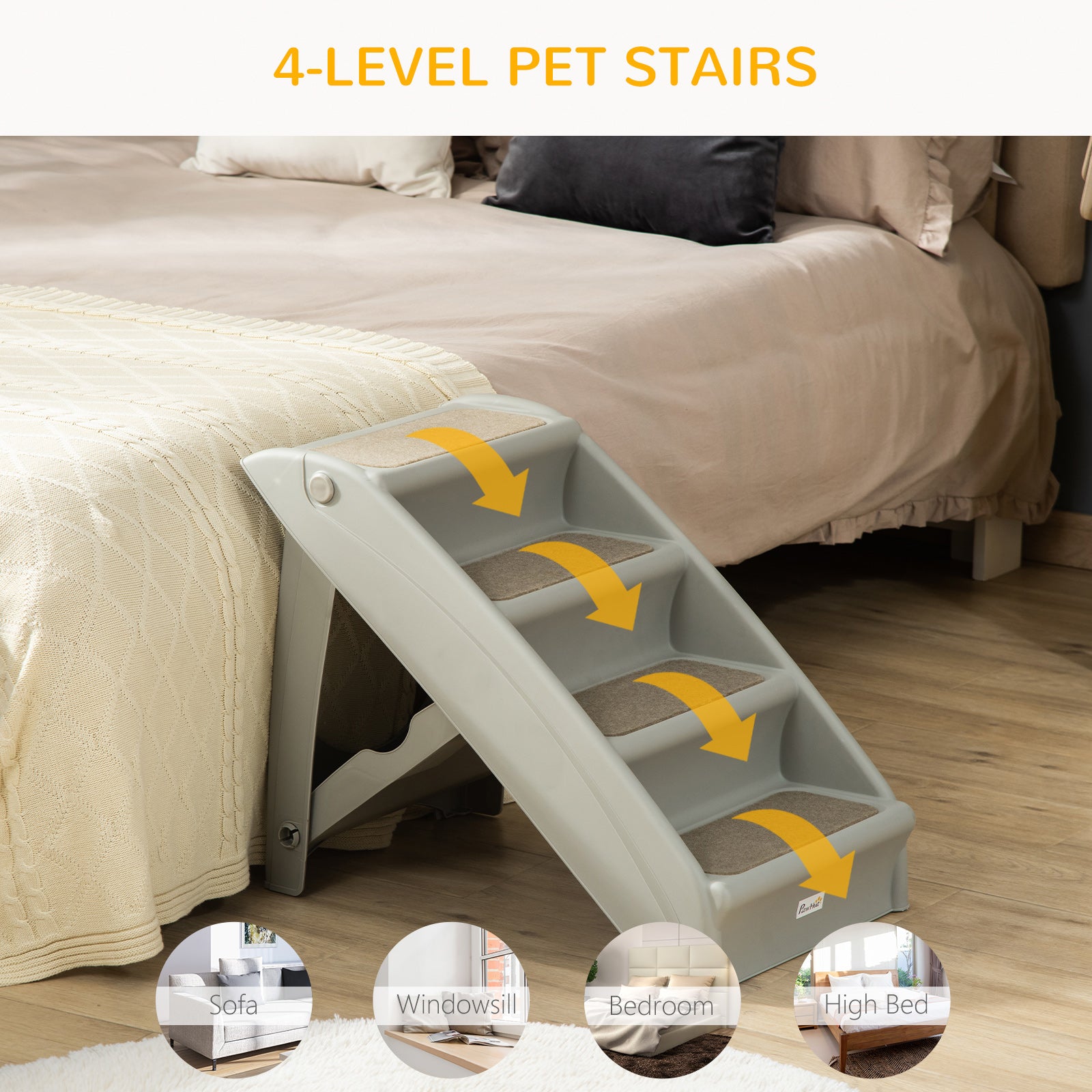 Escalier portable pour chien à 4 niveaux, marches pliables pour petits chiens, marches légères pour chat, avec tapis doux antidérapants, pour lit haut et canapé, gris