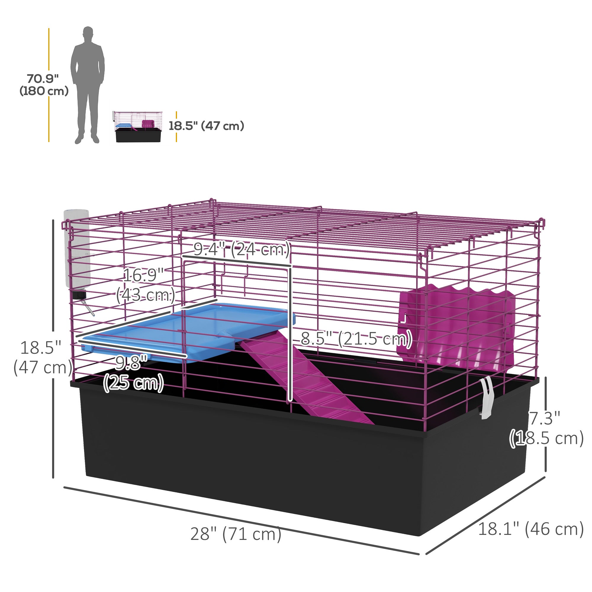 18.5" Small Animal Cage with Water Bottle, Food Dish, Platform, Ramp, Black