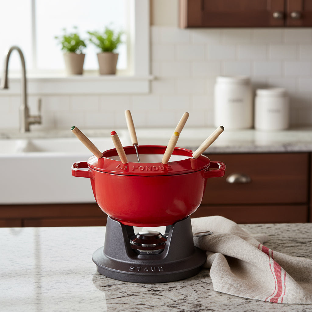 staub specialities cast iron fondue set, cherry red-Cookware-DECOROLALA