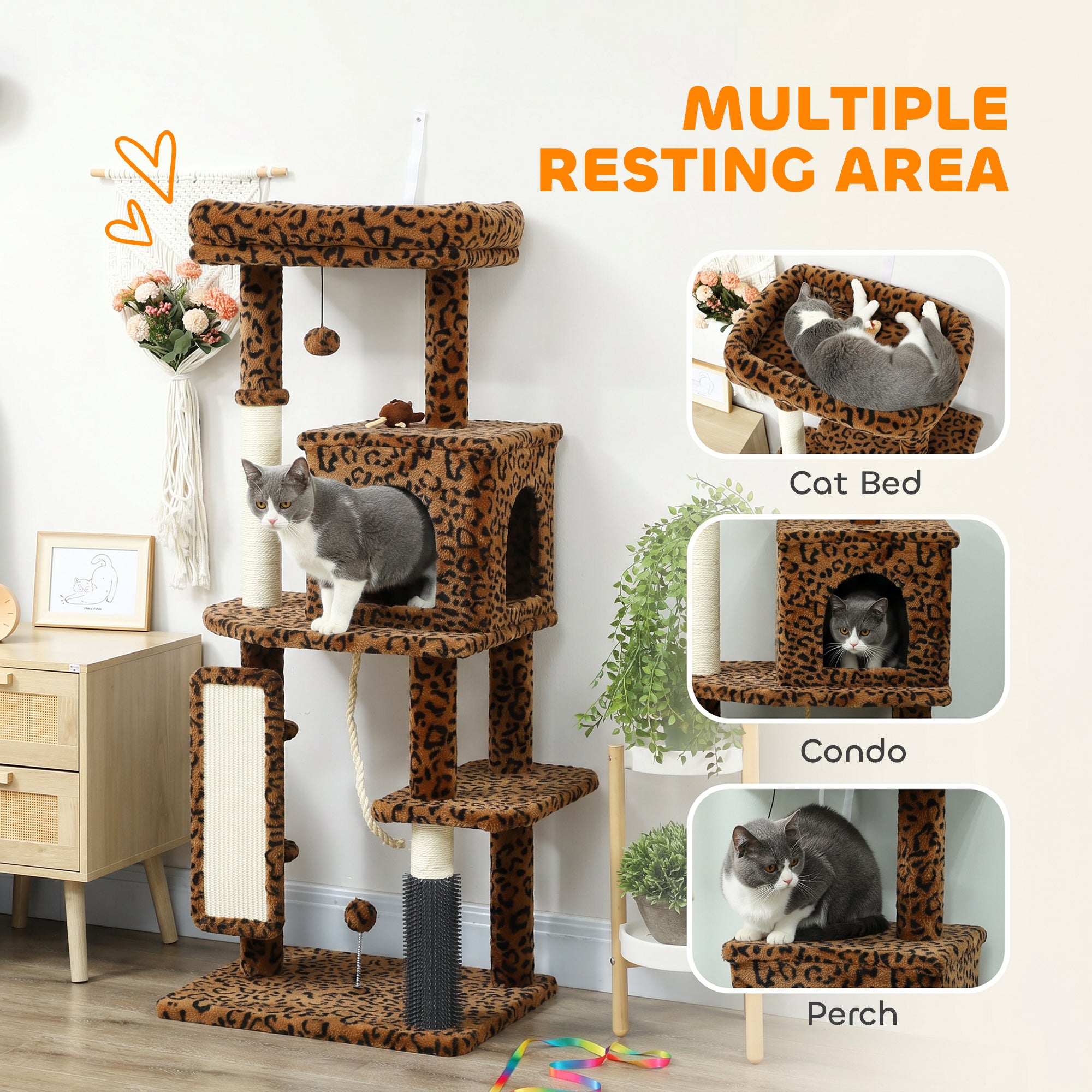 52 Inch Cat Tree with Scratching Posts, Cat Bed, Condo, Jumping Platforms, Toy Balls, Anti-tip Kit