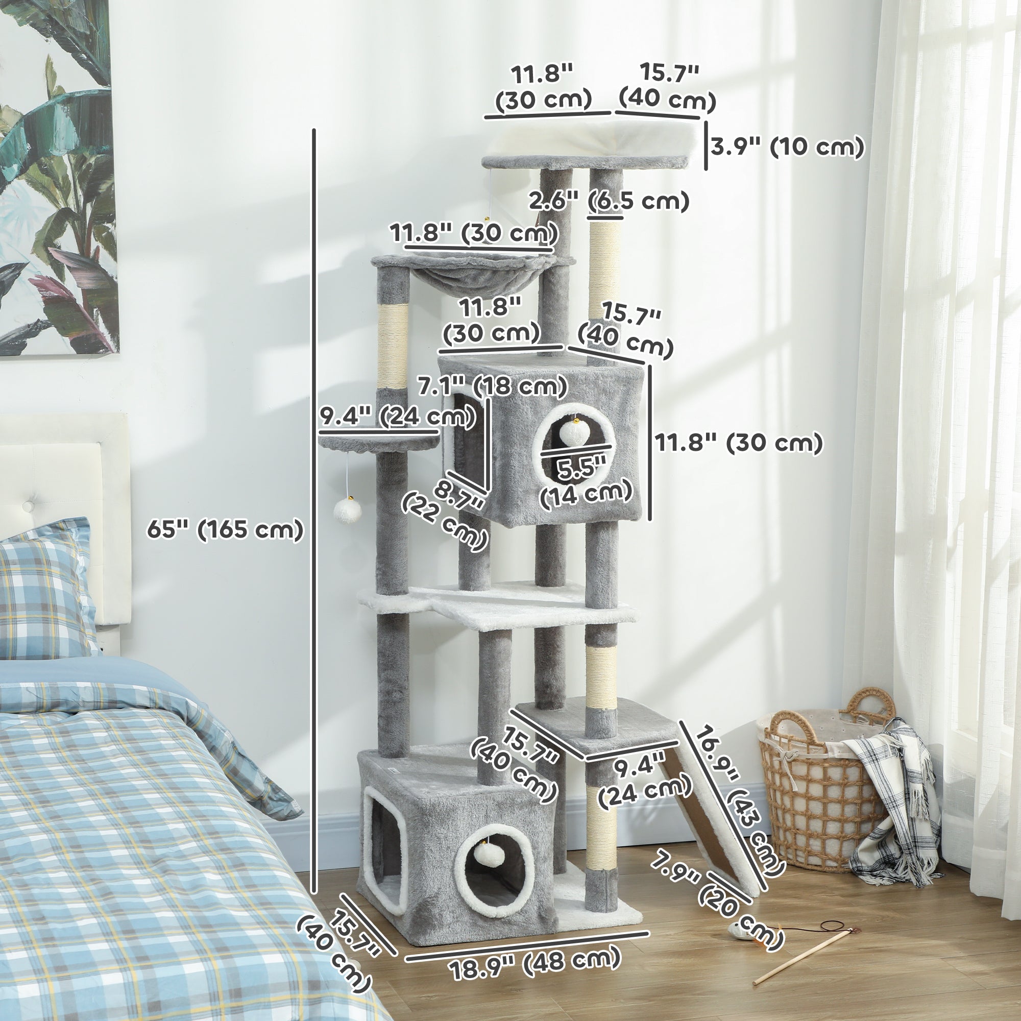 65 Inch Cat Tree with 2 Doors Condos, Plush Top Perch, Hammock, Sisal Scratching Posts, 4 Pompoms, Ramp, Grey