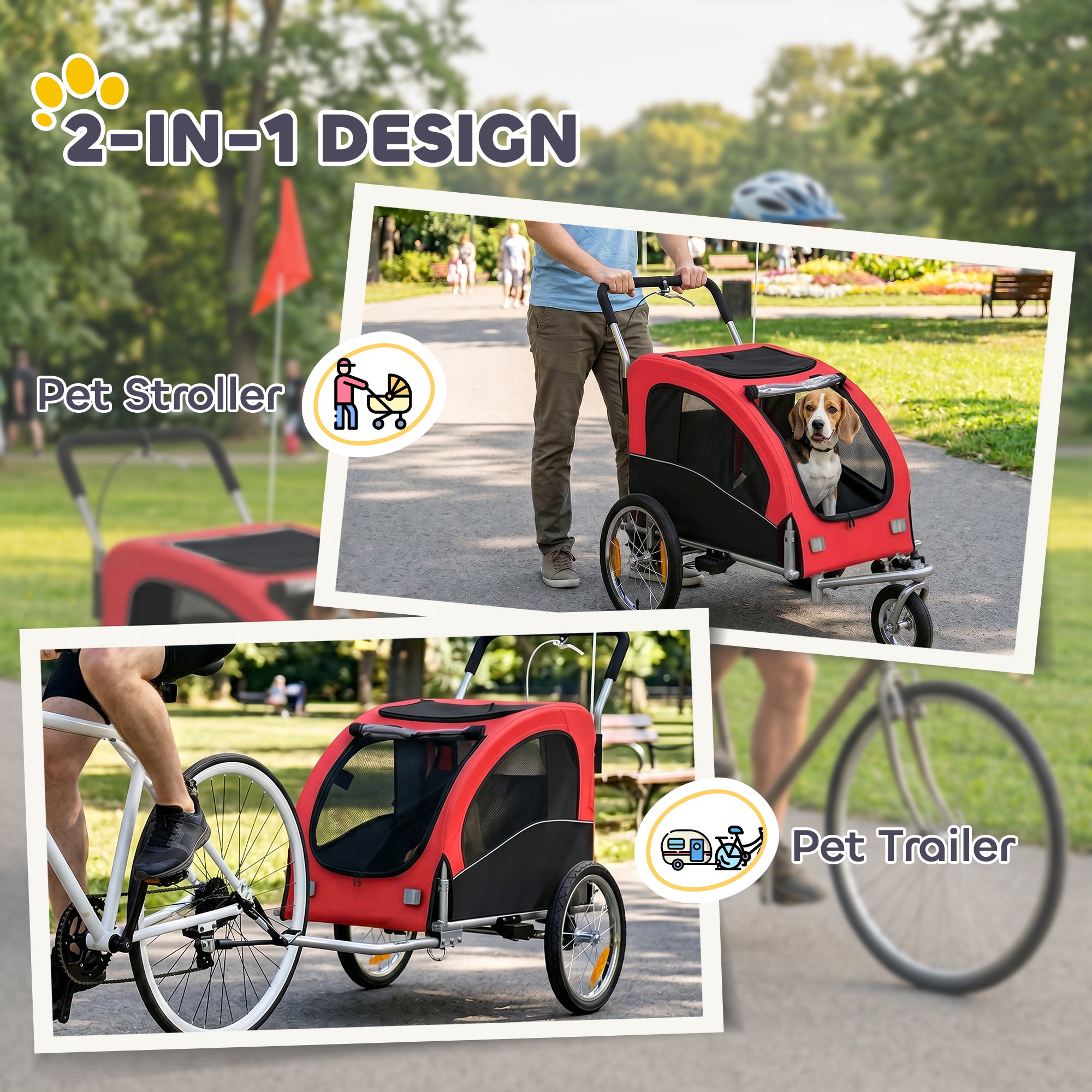 Aosom 2 in 1 Dog Bike Trailer, Foldable Pet Stroller, Dog Bicycle Trailer with Suspension, Universal Bicycle Coupler, Red