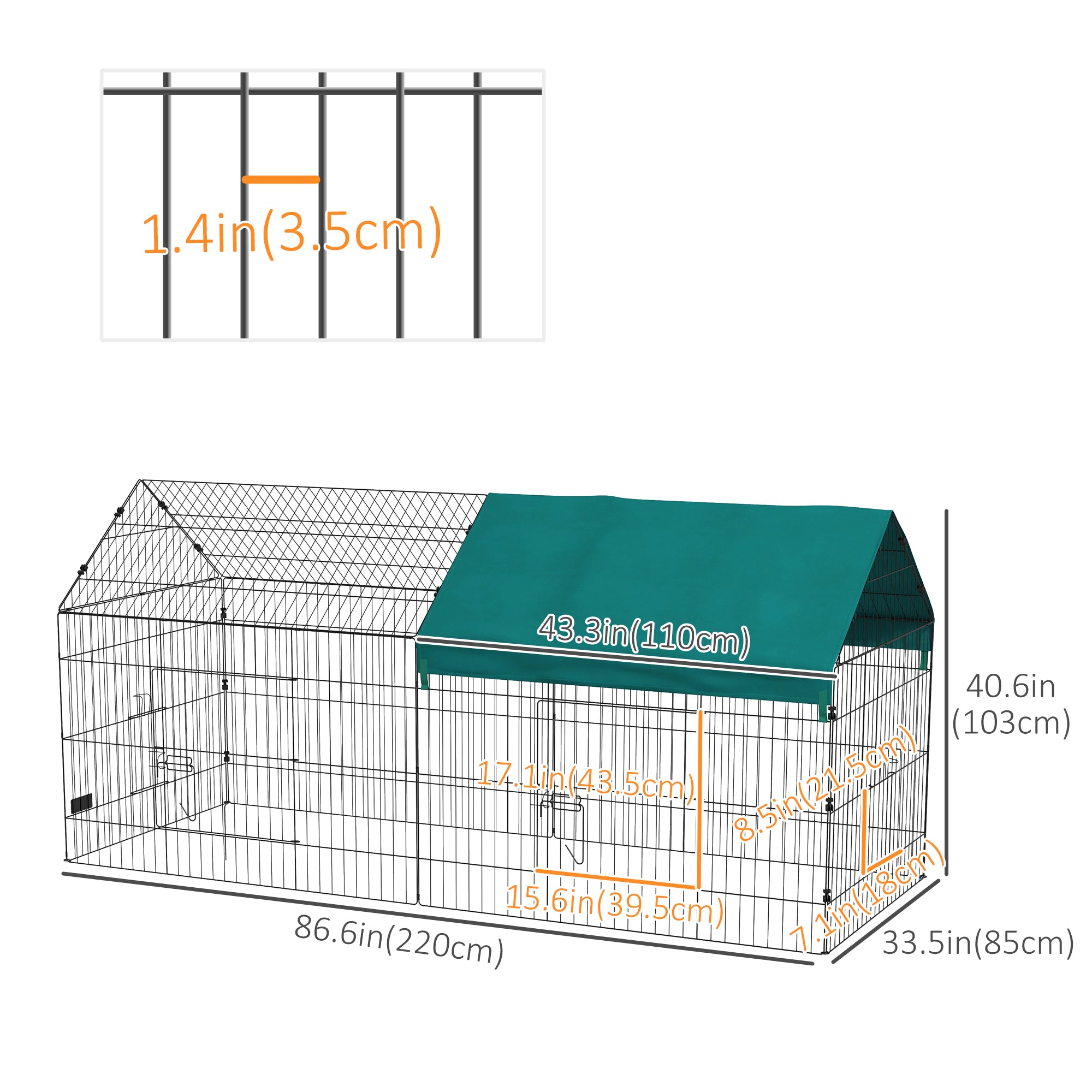 87" Small Animal Cage with Roof, Indoor/Outdoor Use,  for Chicken, Rabbits, Chinchillas, Green