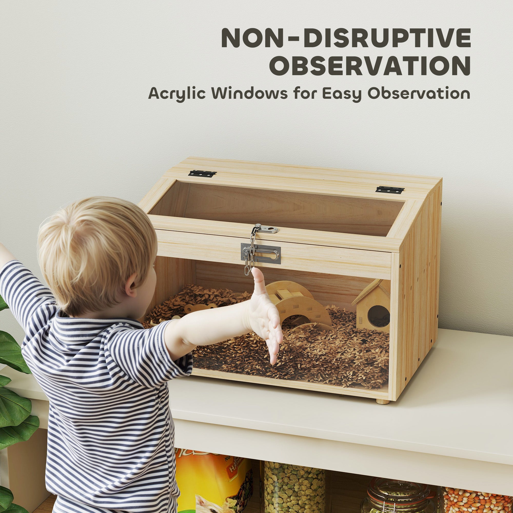 22"L Hamster Cage with Openable Top & Acrylic Windows, Small Animal Cage with Hut, Seesaw, Ladder, Natural Wood