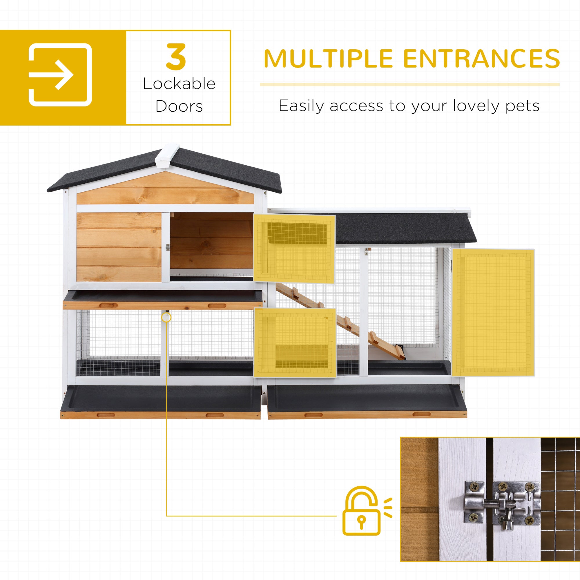 Clapier en bois à 2 niveaux pour lapins, cage d’extérieur pour petits animaux avec rampe et enclos extérieur, jaune