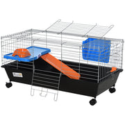 Small Animal Cage, Rolling Bunny Cage, Guinea Pig Cage with Food Dish, Water Bottle, Hay Feeder, Platform, Ramp, Black