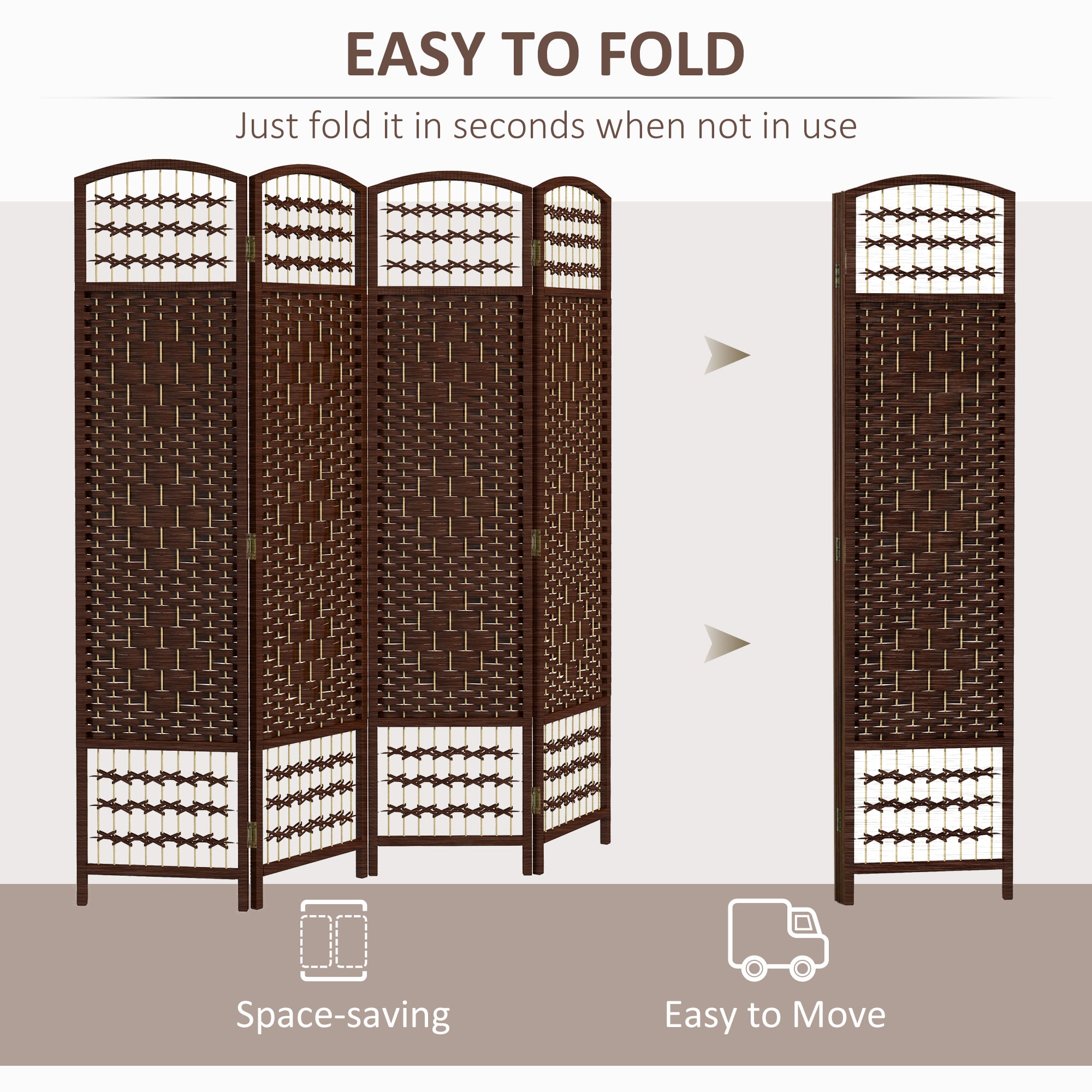 4 Panel Folding Room Divider, Portable Privacy Screen, Wave Fiber Room Partition for Home Office, Brown