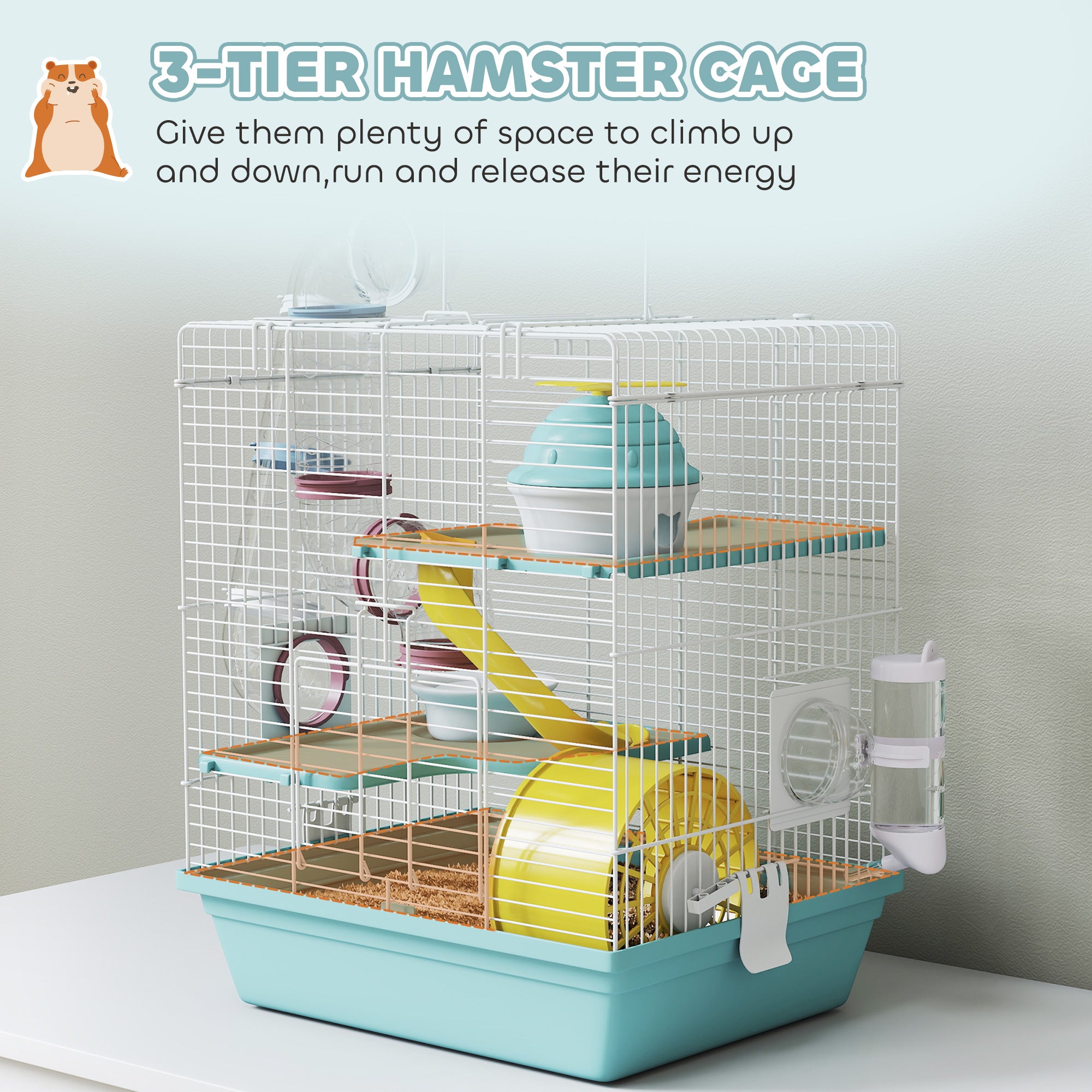 3-Level Hamster Cage with Exercise Wheel, Play Tube, Water Bottle, Food Dish, Hut, Ladder, Blue