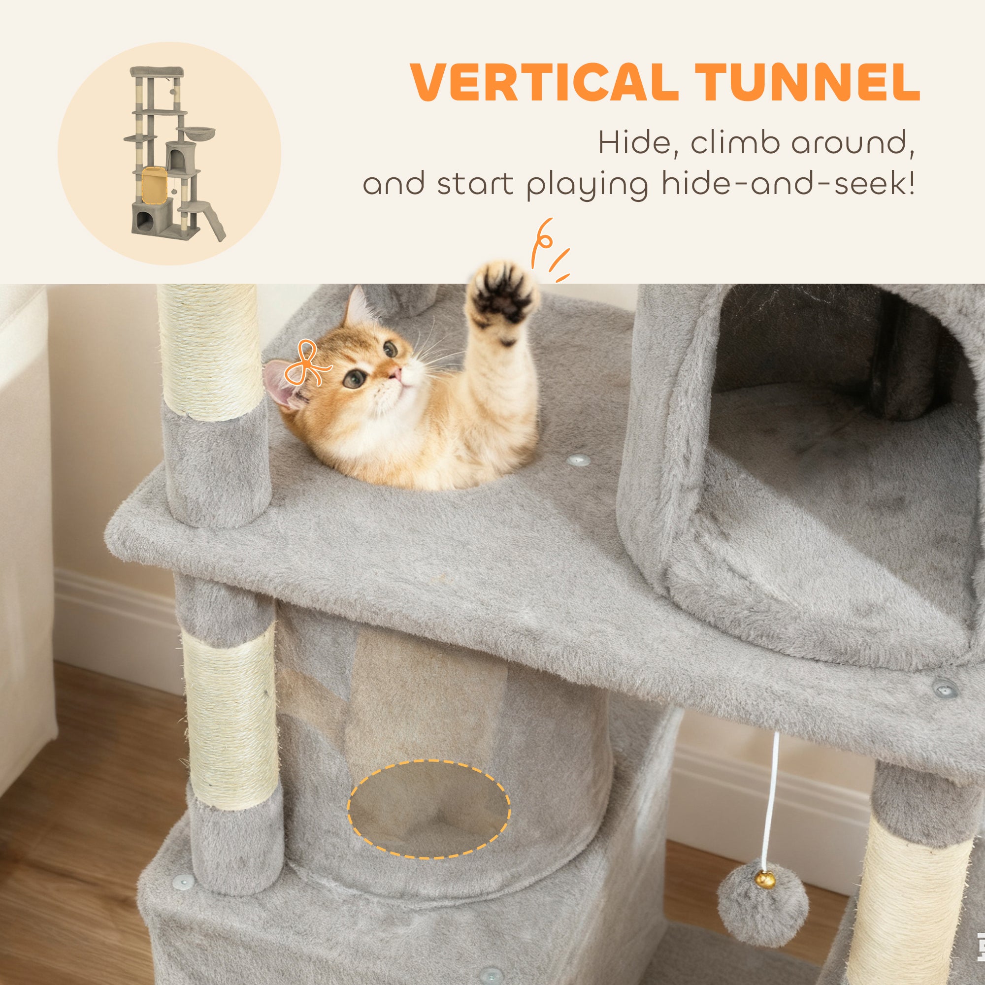 67" Large Cat Tree with 7 Scratching Posts, Tunnel, 2 Condos, Hammock, Perch, Ramp, Pompoms, Light Grey
