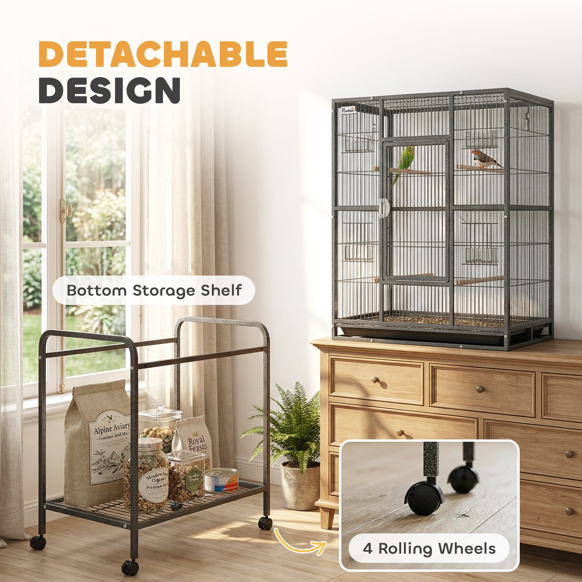 56"H Bird Cage, Parrot Cage w/ Detachable Rolling Stand, Removable Tray, Storage Shelf, Perches, Food Container