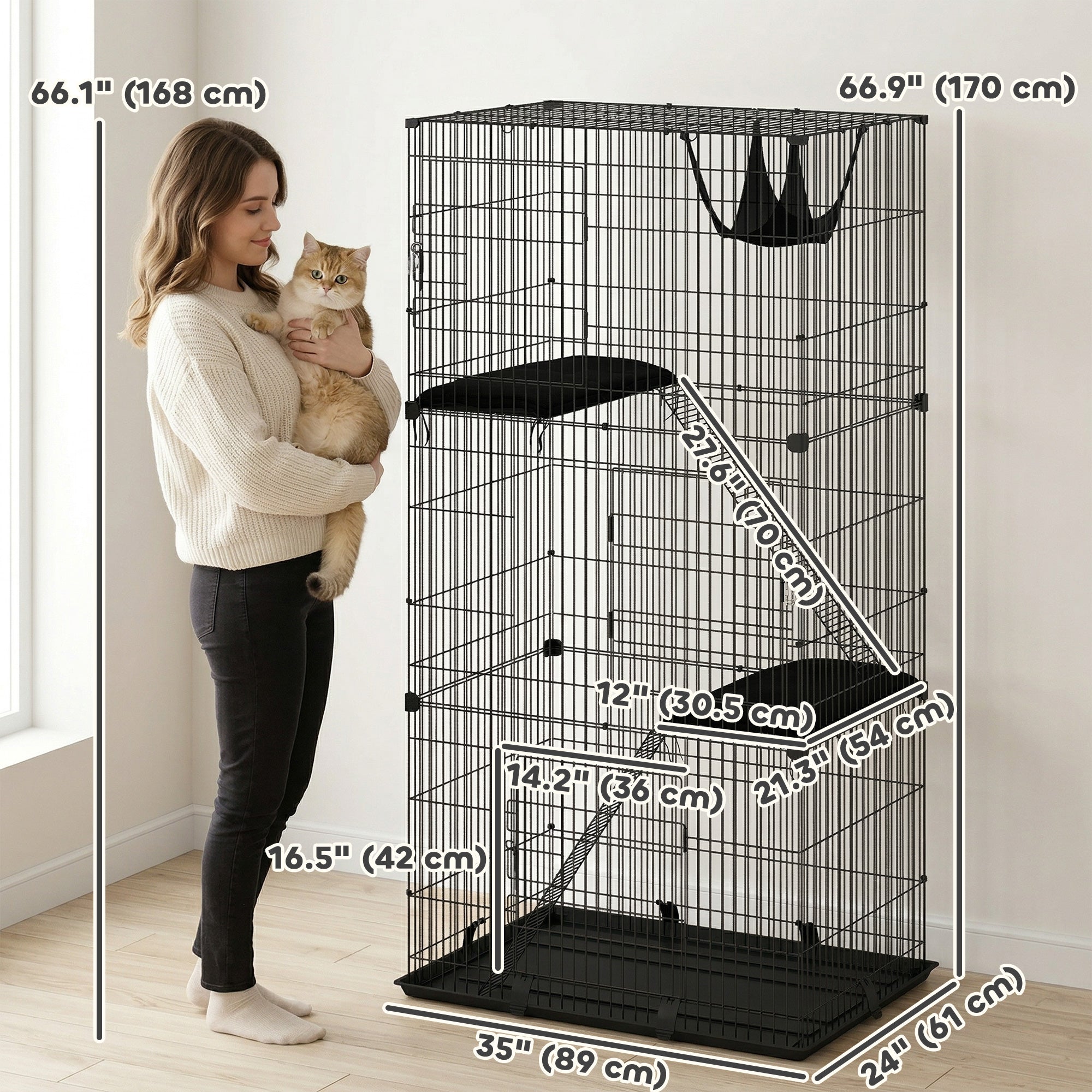 Cage à trois niveaux pour chats d’intérieur, en métal démontable, avec hamac, plateforme, bac et coussin, pour 1 à 2 chatons