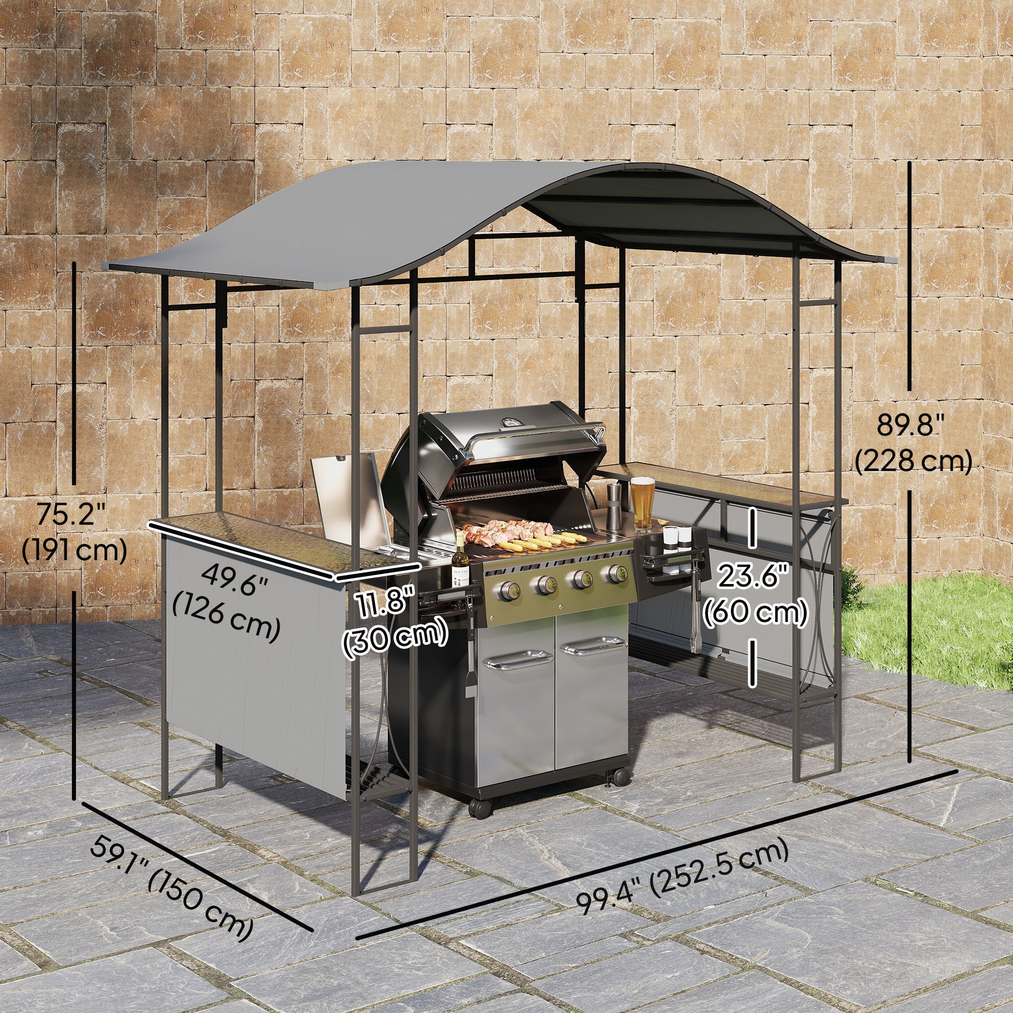 8' x 5' Grill Gazebo - Outdoor BBQ Shelter with Shelves, Dark Grey