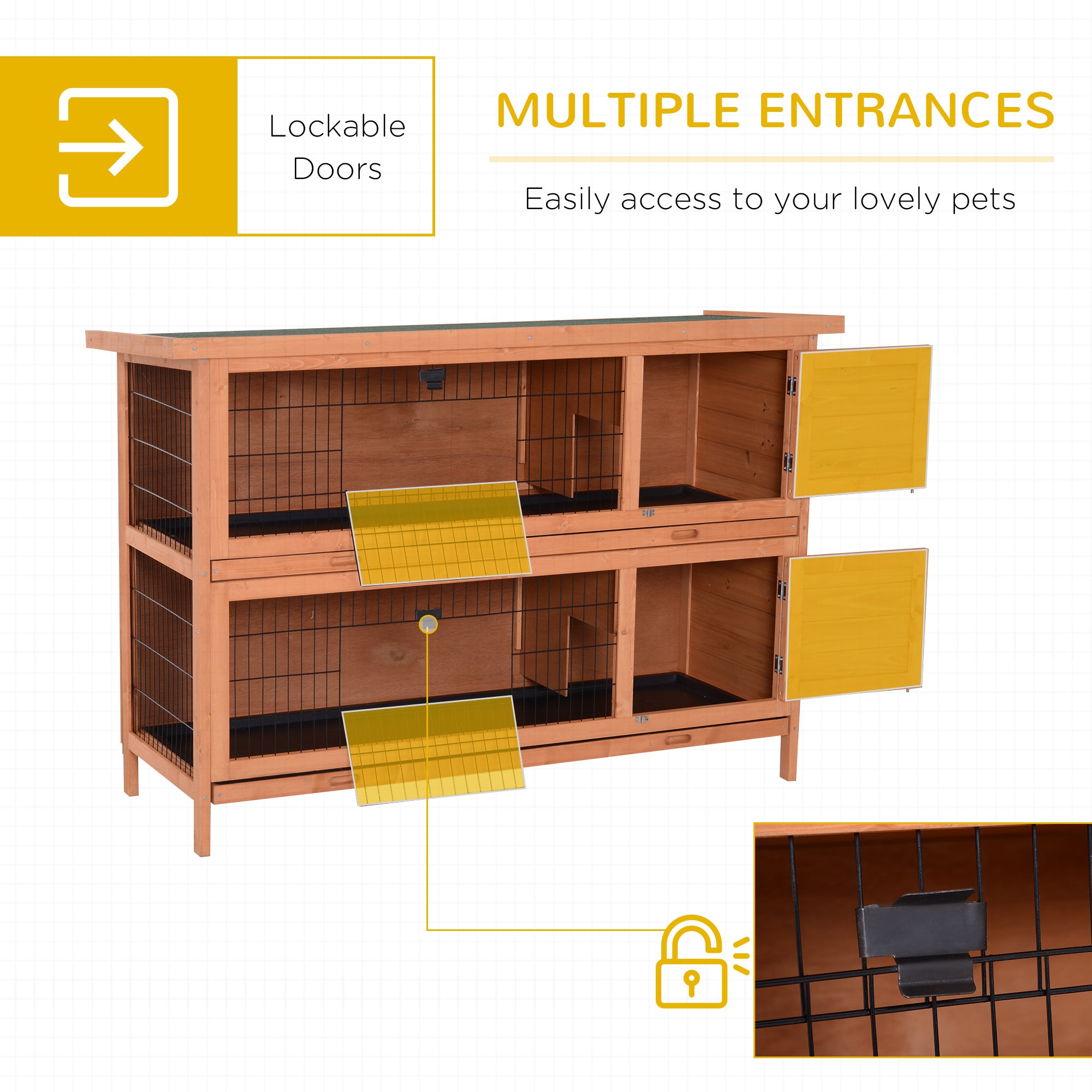 54"L 2-Story Large Rabbit Hutch Bunny Cage Wooden Pet House Small Animal Habitat with Lockable Doors, No Leak Tray and Waterproof Roof for Outdoor/Indoor Orange