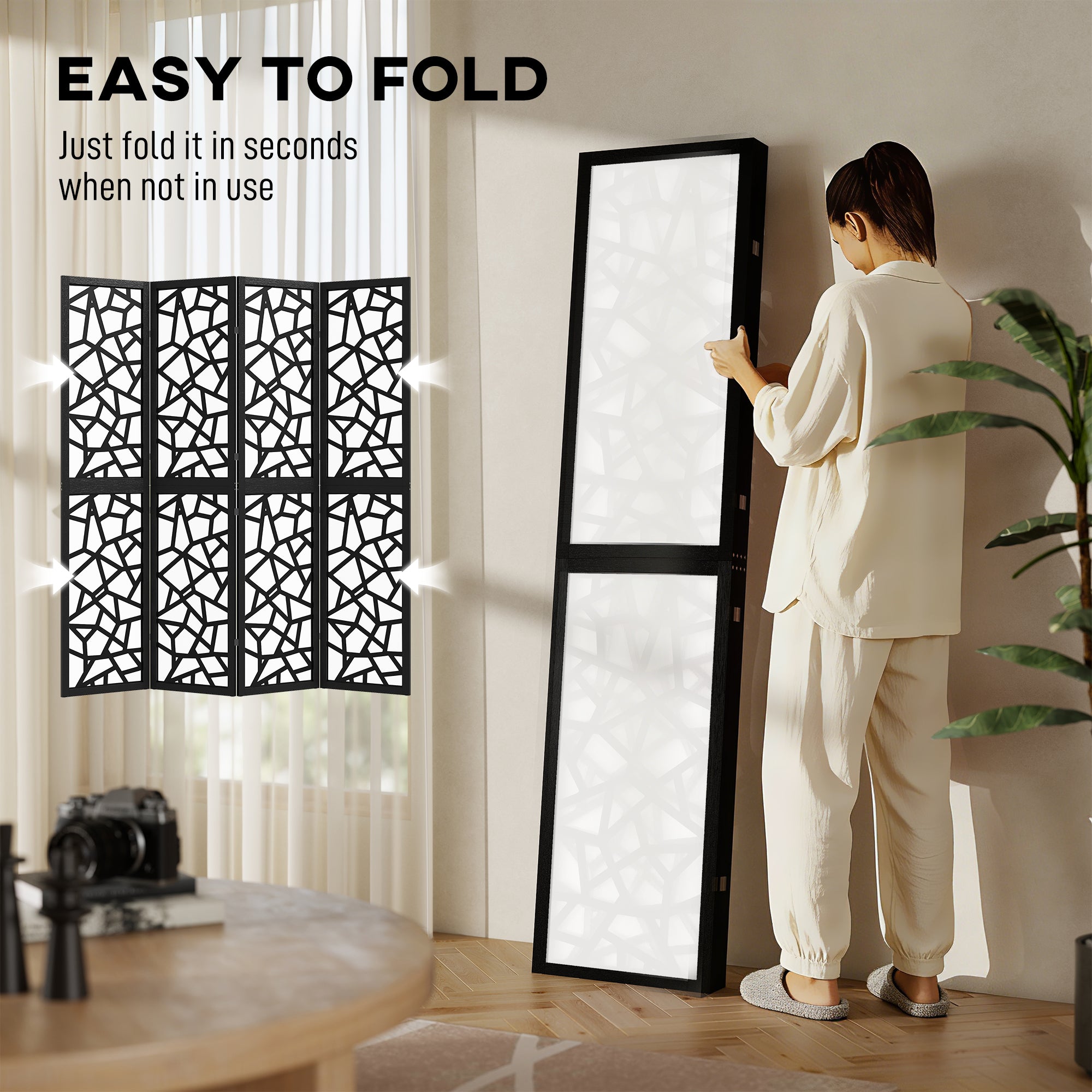 4 Panel Room Divider, 5.6 FT Lightweight Folding Privacy Screen with Geometric Pattern for Living Room, Bedroom, Black