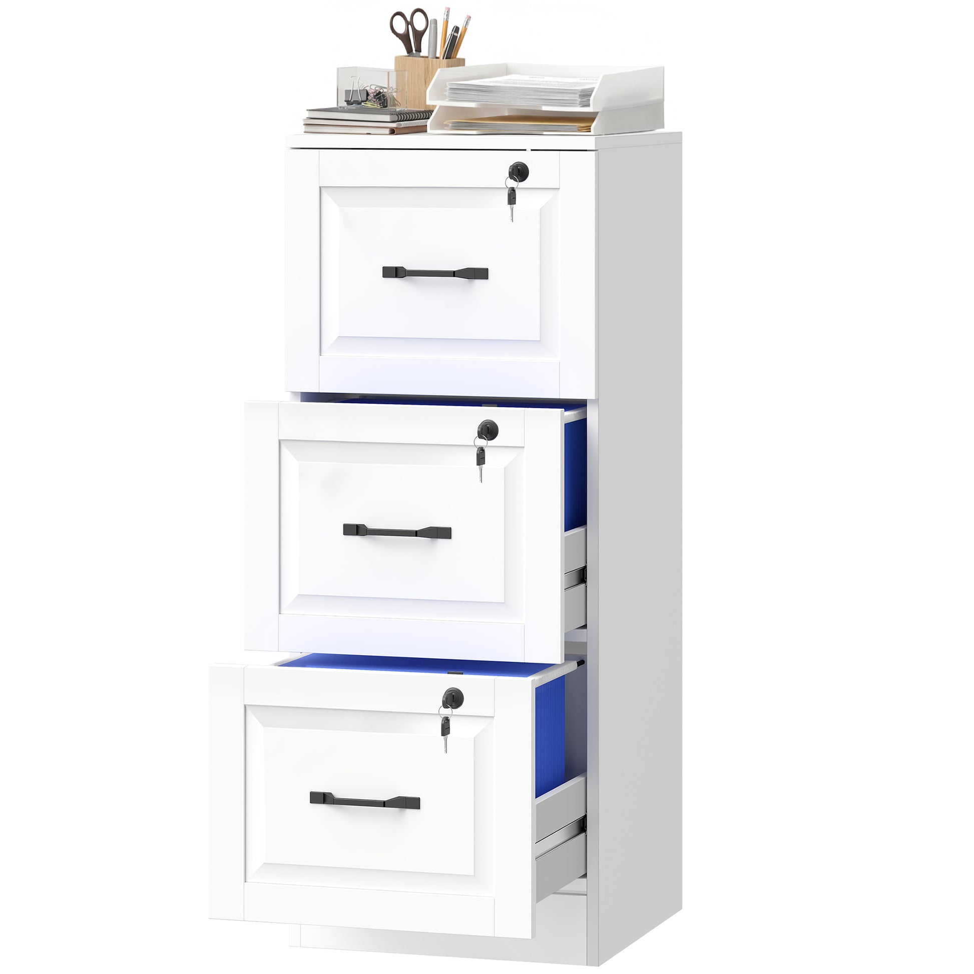 3 Drawer File Cabinet with Lock, Vertical Filing Cabinet with Adjustable Hanging Bars for A4 and Letter Size, White-Office Products > Office Furniture > Office Cabinets & Cupboards-DECOROLALA