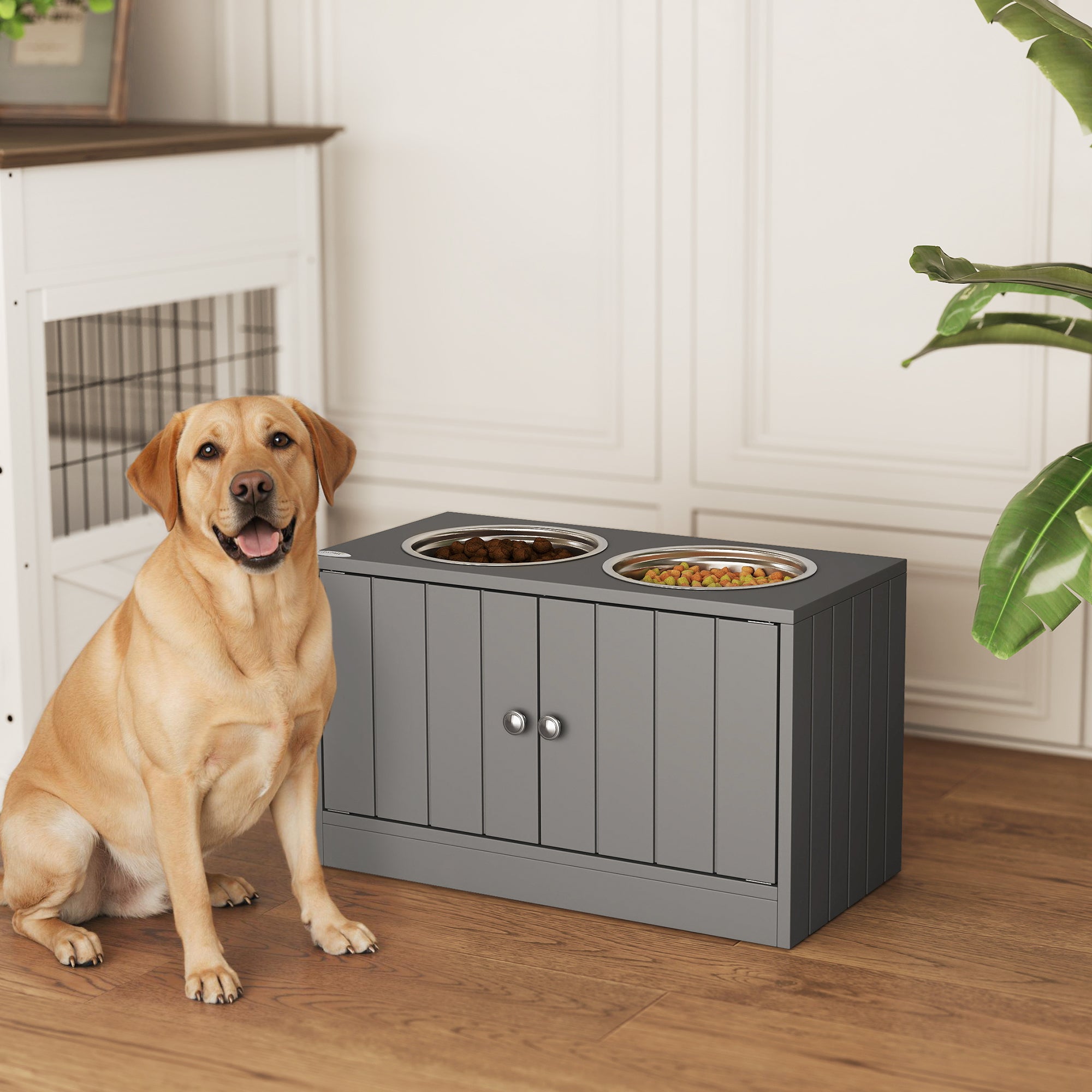 Elevated Dog Bowls for Large Dogs Pet Feeding Station with Stand, Storage, 2 Stainless Steel Food and Water Bowls, Grey