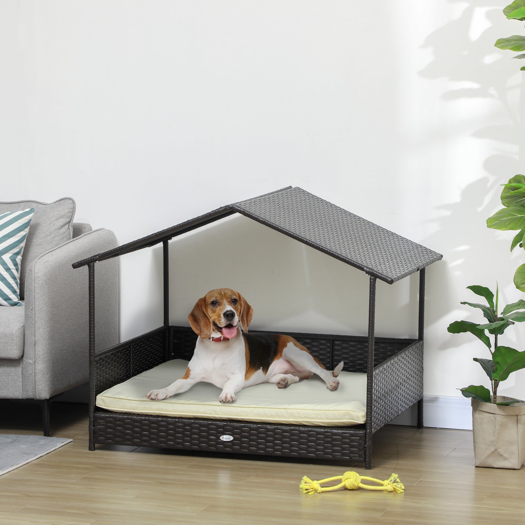 Niche pour chien en rotin avec auvent, panier pour chien en osier avec coussin résistant à l’eau, pour petites et moyennes races, blanc crème