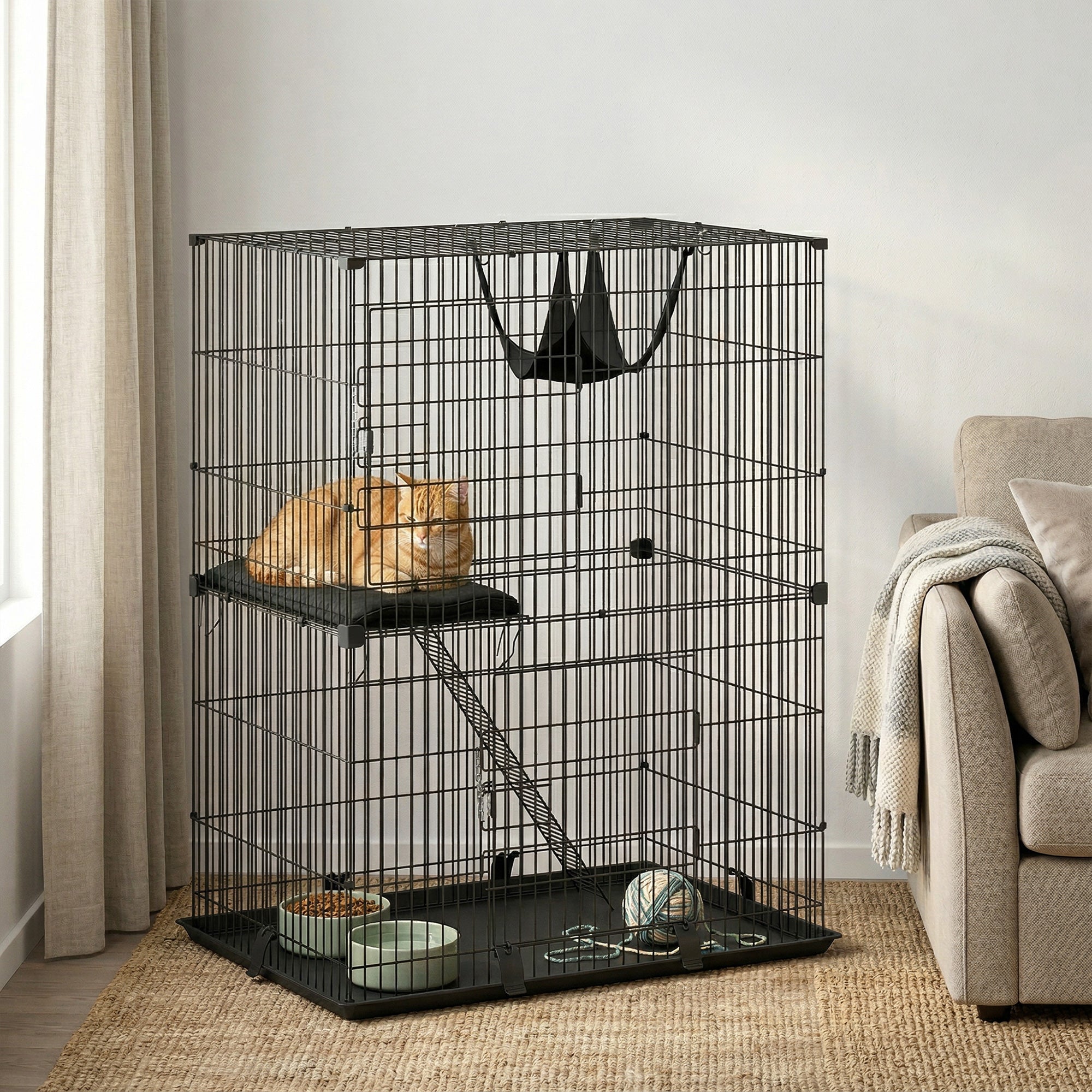 2-Tier Cat Cage Indoor, Detachable Metal Wire Kennel with Hammock, Platform, Tray and Cushion for 1-2 Kittens