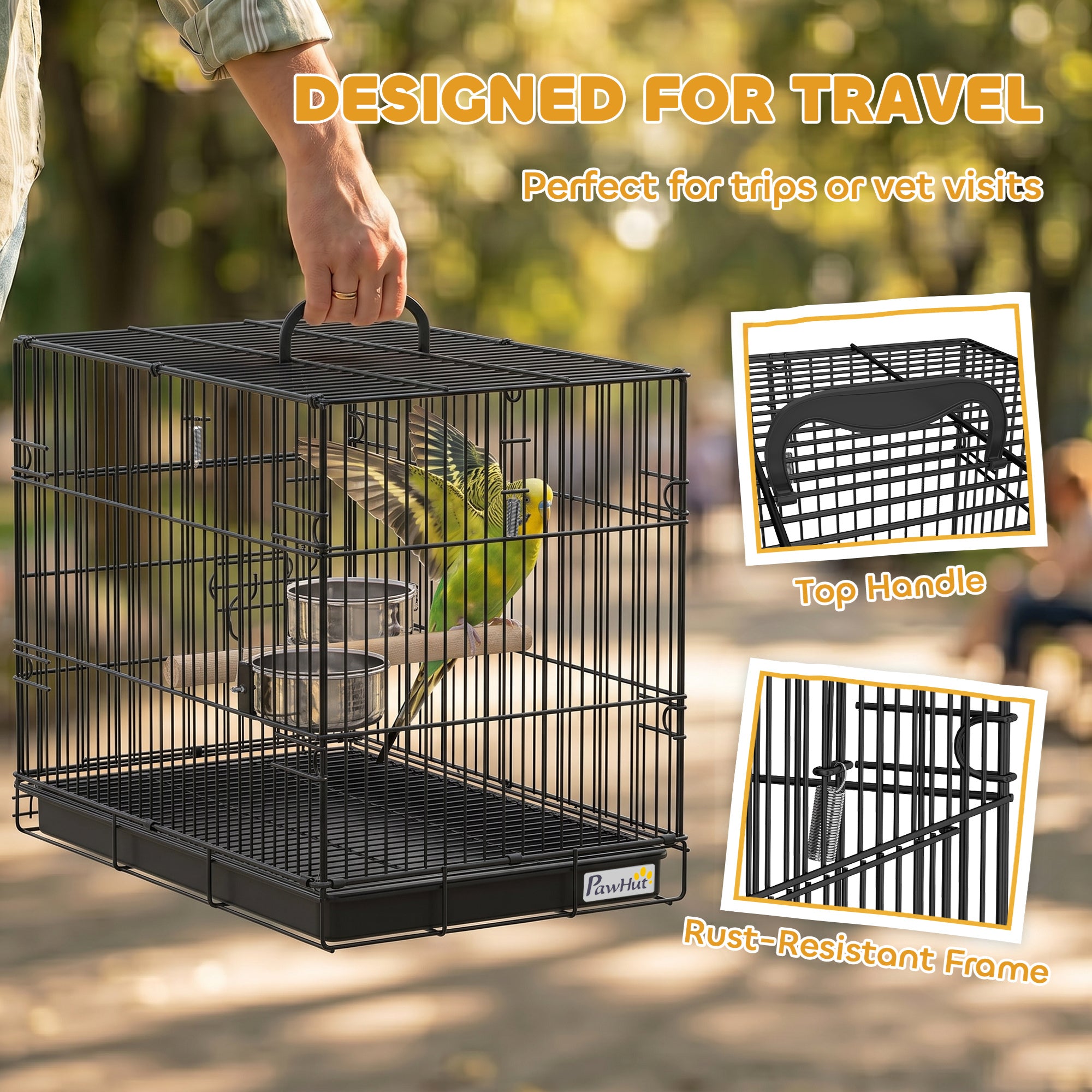 Bird Cage Portable w/ Slide-Out Tray Travel Cage for Parakeets w/ Perch & Food Bowls Black