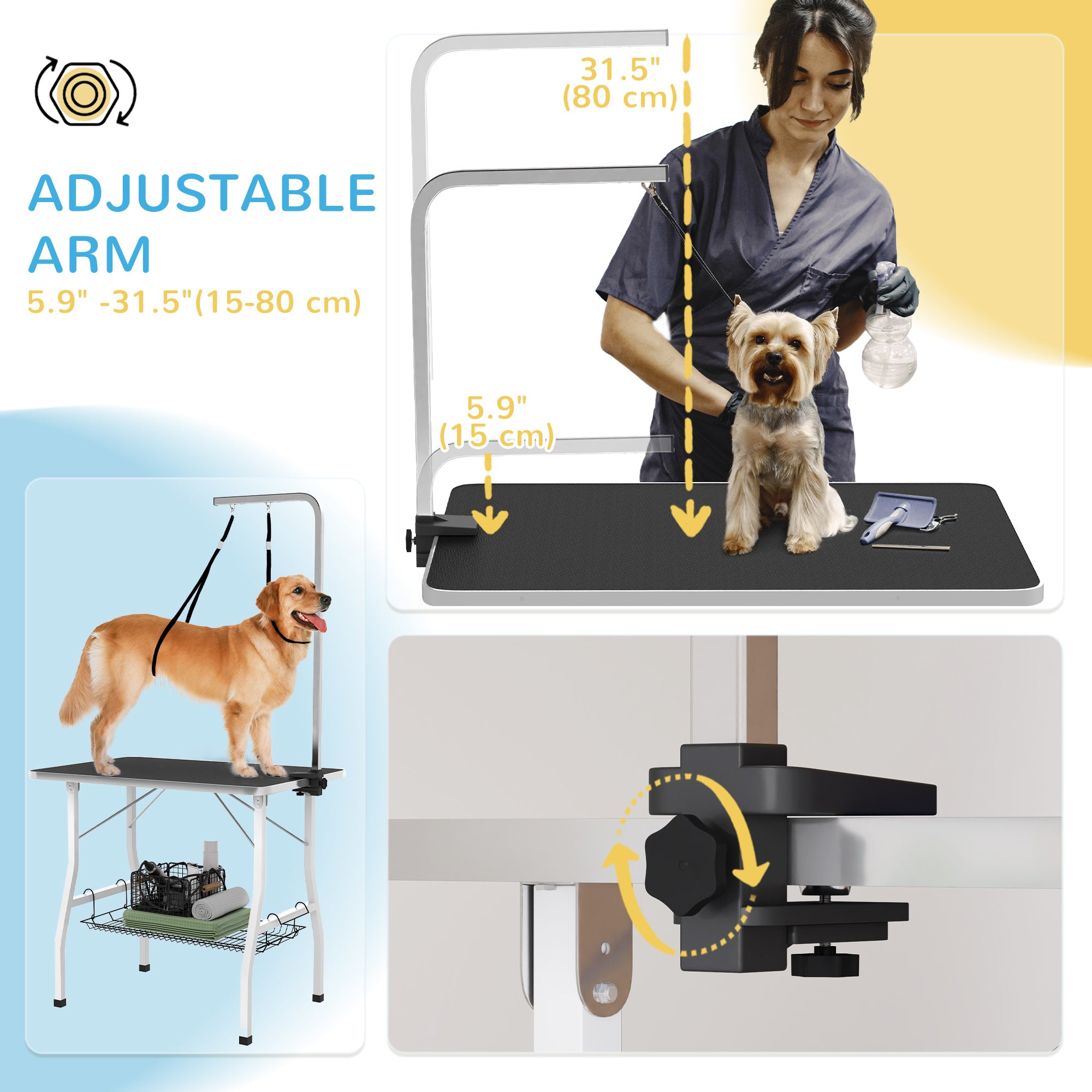 Dog Grooming Table w/ Adjustable Arm, Mesh Tray,  Two Nooses, Rubber Surface, 35" x 24" x 61", Black