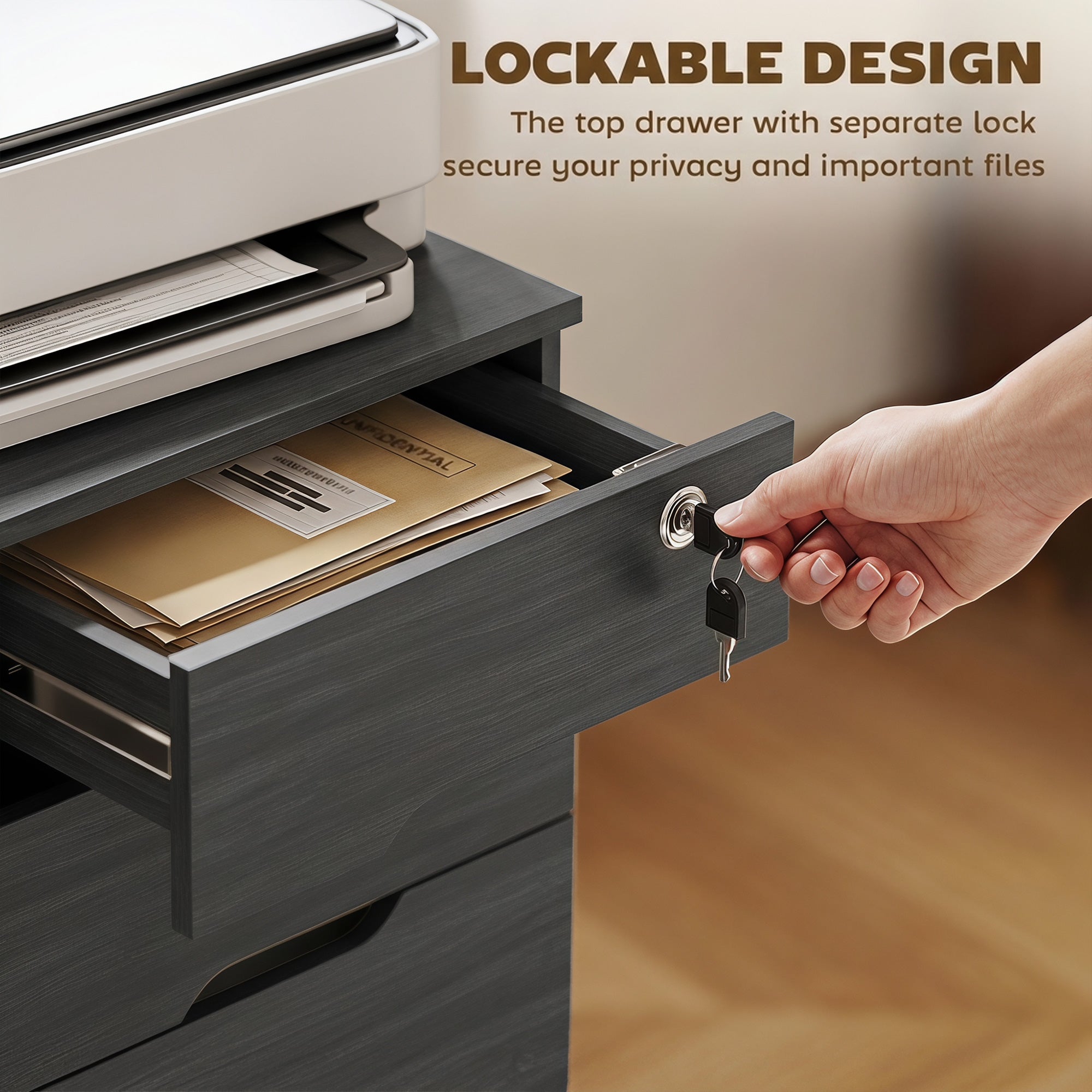Filing Cabinet with Power Outlets - Black Wood Grain
