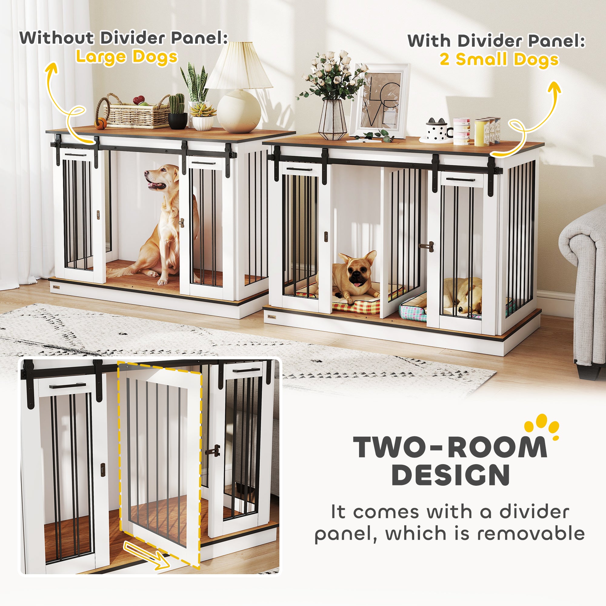 47in Dog Crate Furniture with Divider Panel, Wooden Dog Kennel TV Stand for Large Breeds, Pet House Side Table for 2 Small Breeds with 2 Rooms Design, 2 Sliding Doors, White
