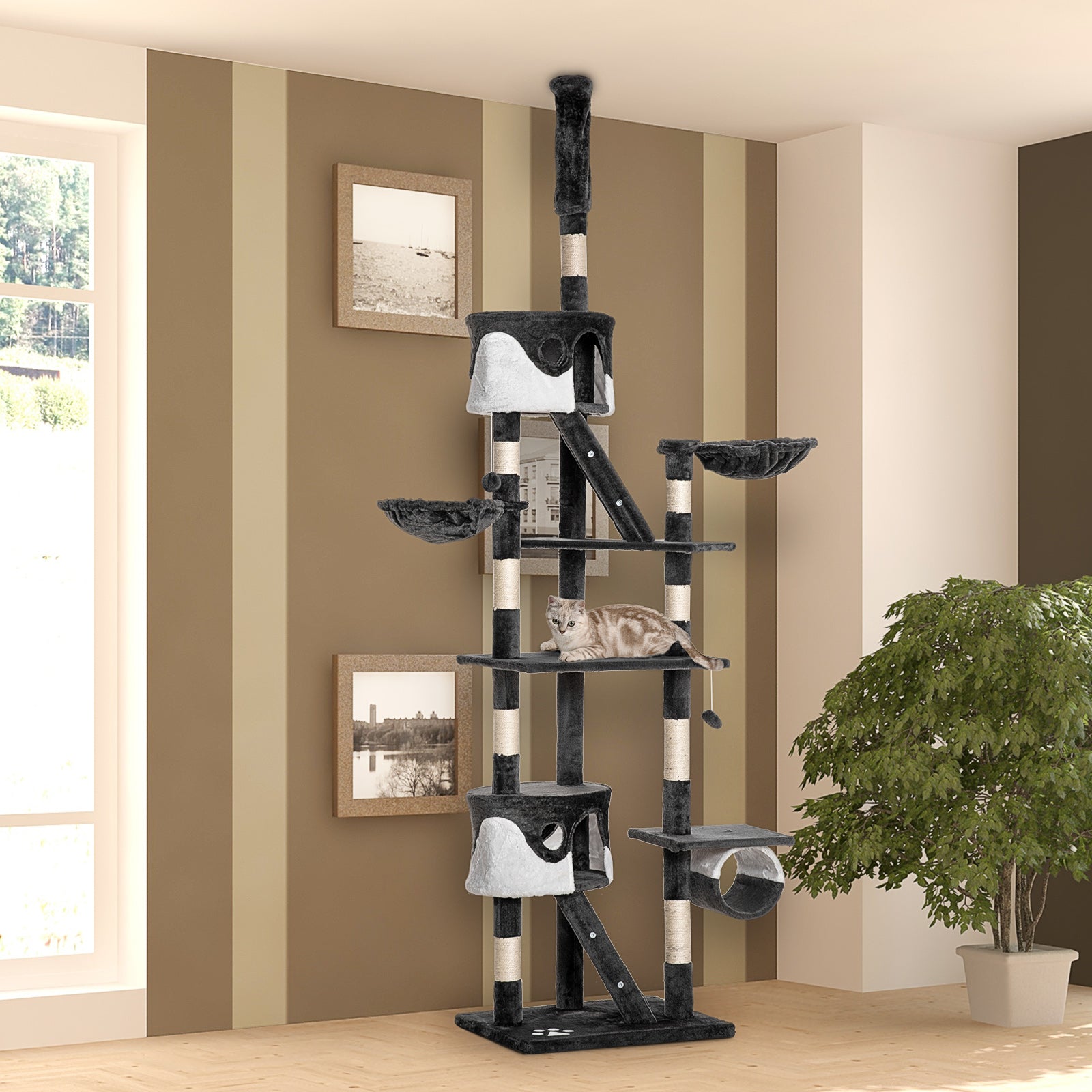 94"-102" Floor to Ceiling Cat Tree, High Cat Condo Scratching Post Activity Center, Multi-Level Play House