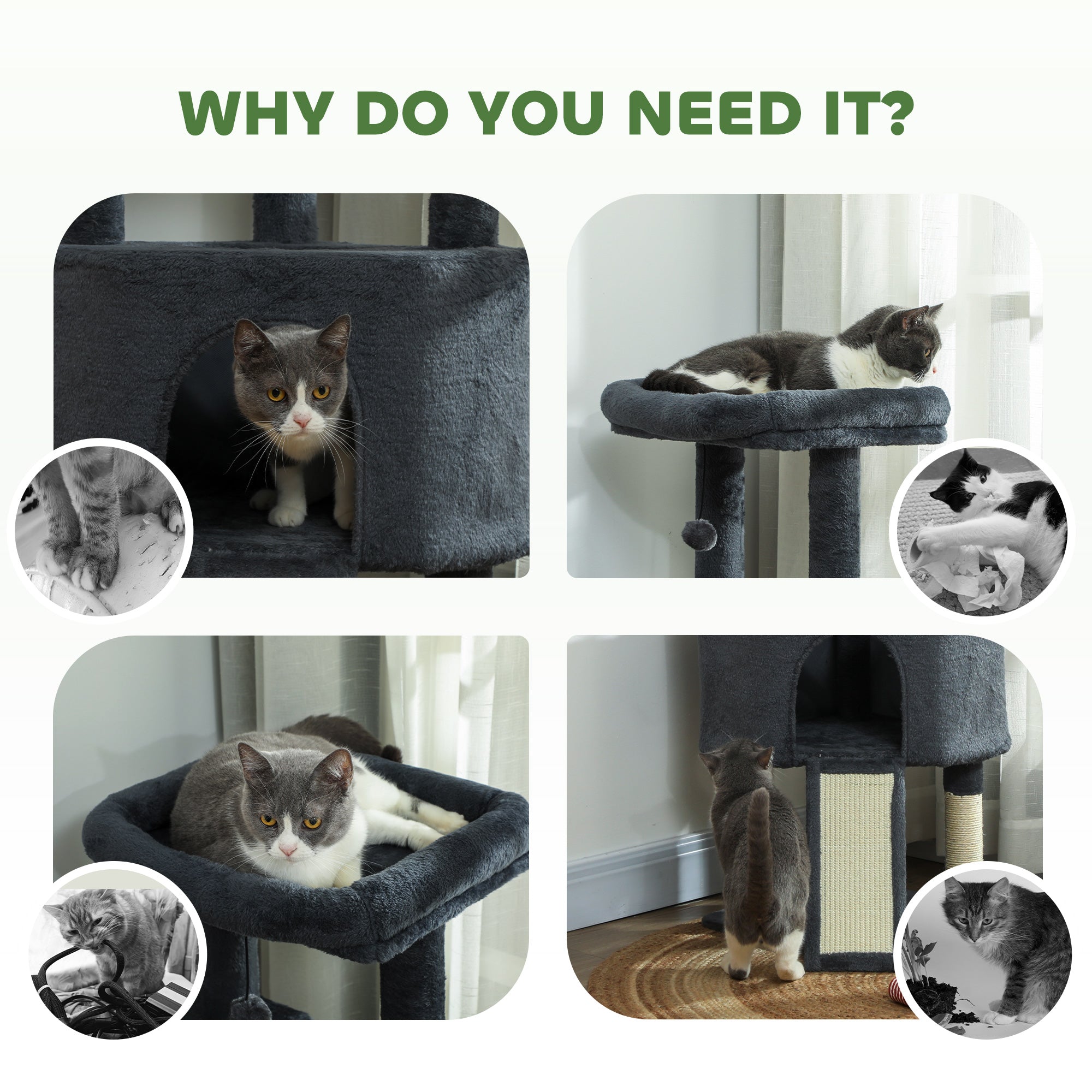 47 Inch Cat Tree, Cat Tower for Indoor Cats with Cozy Condo, Bed, Toy Balls, Sisal Scratching Posts, Hammock, Dark Grey