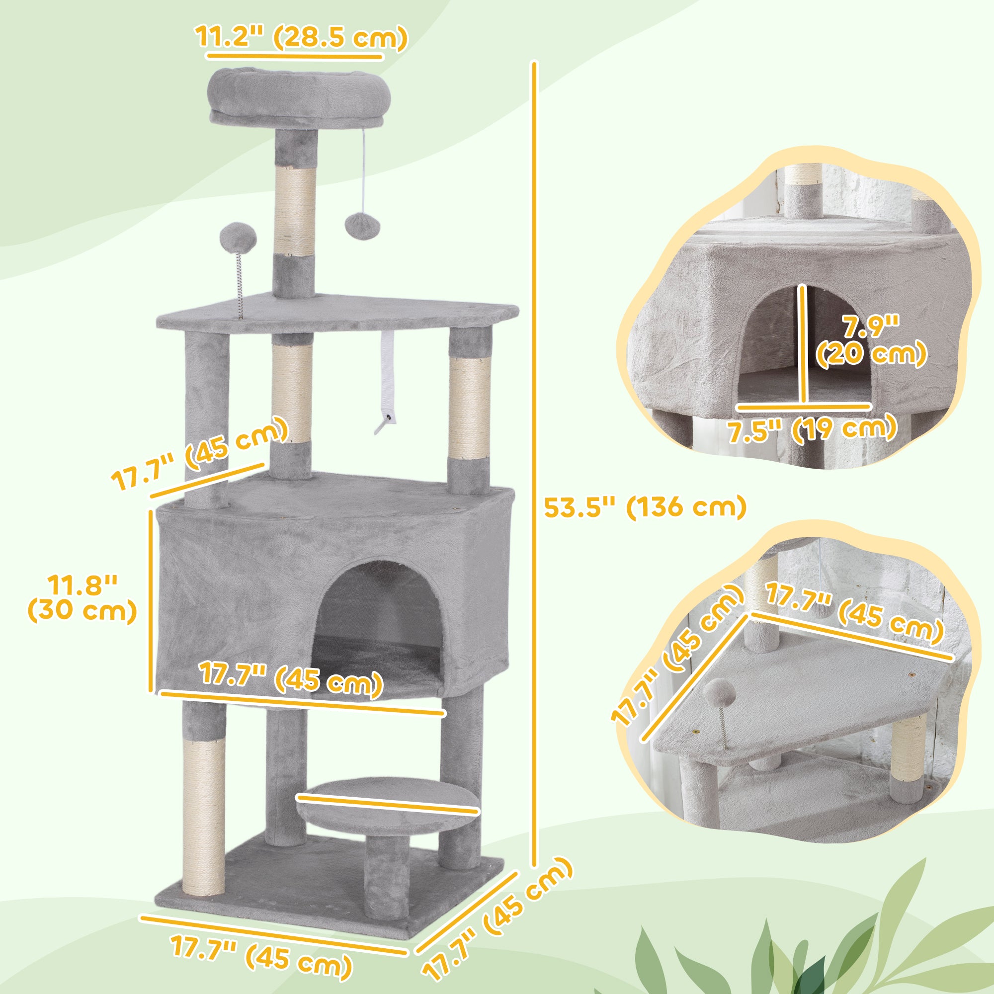 54 Inch Cat Tree with Large Condo, Top Perch, Sisal Scratching Posts, Dangling Toy Ball,Light Grey