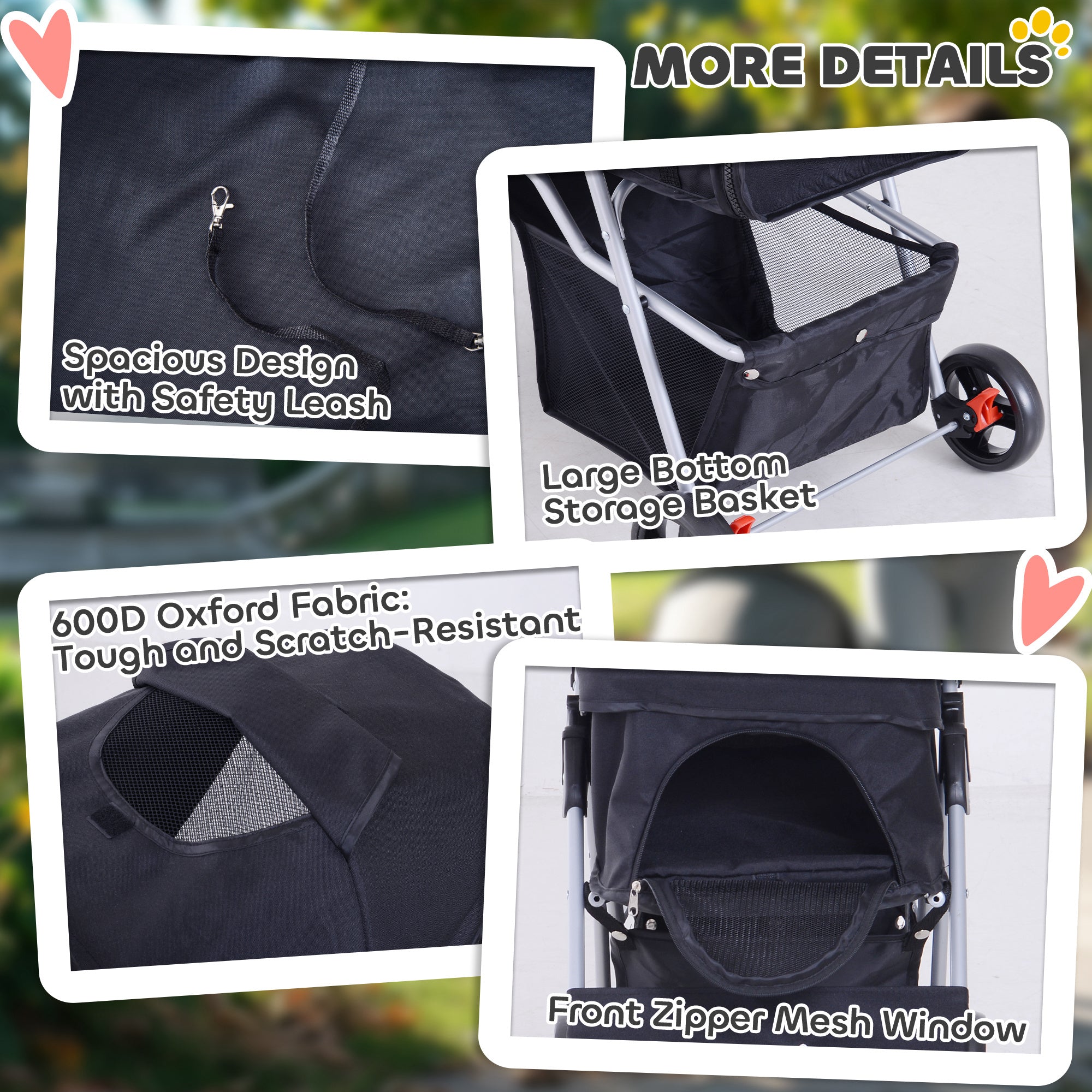 Cat Dog Stroller, One-click Foldable Pet Stroller w/Cup Holder, 4 Wheels Travel Carrier w/Brakes, 360° Swiveling Front Wheels, Storage Basket, for XS/Small Dogs Cats, Black