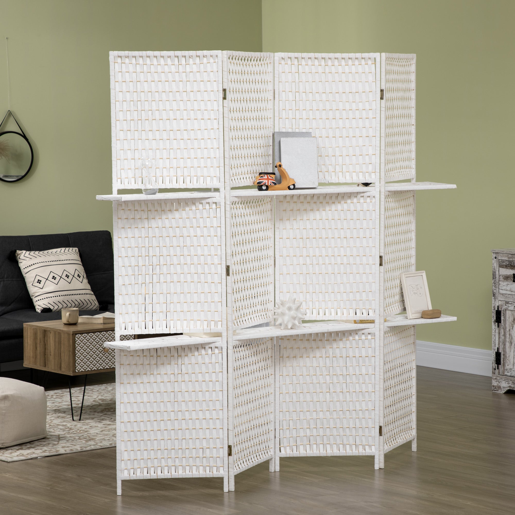 4 Panel Room Divider with Shelves, 6 FT Freestanding Folding Privacy Screen, Partition Wall Divider for Bedroom, White