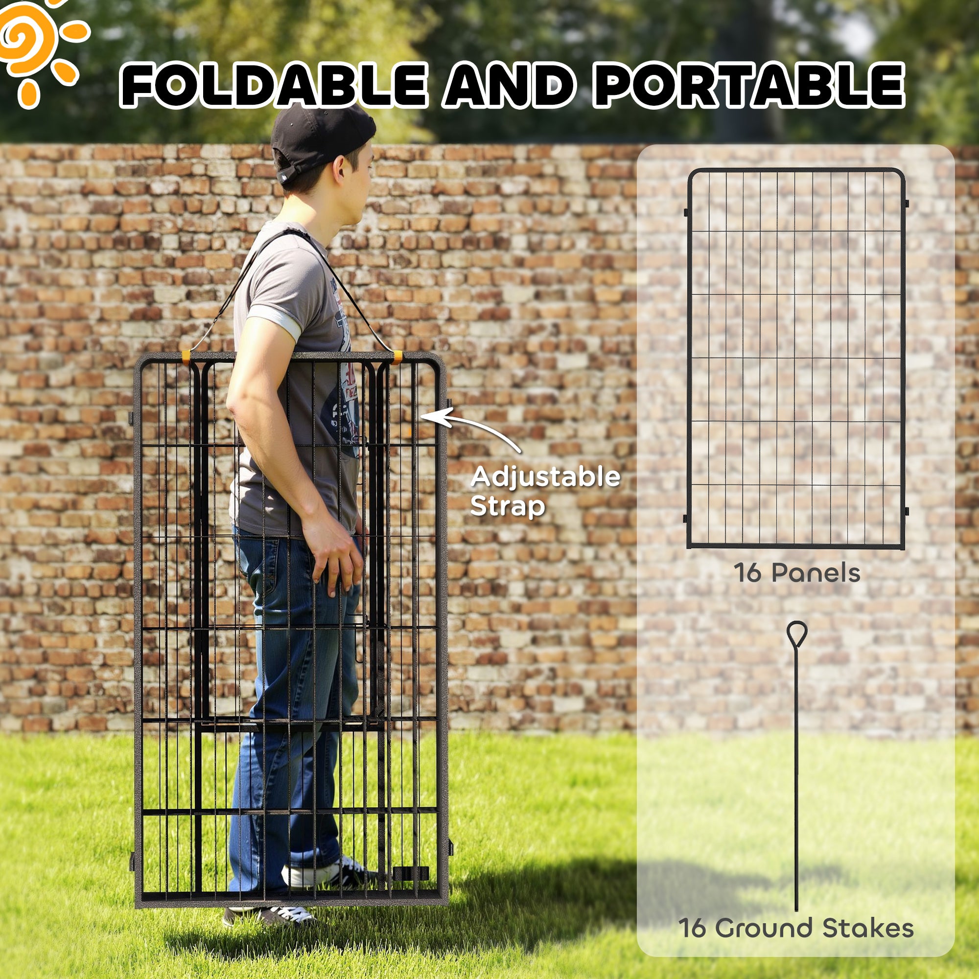 16 Panels Dog Playpen with Strap, Portable & DIY, for Large Dogs, for Yard, RV, Camping, Garden, 47" Height