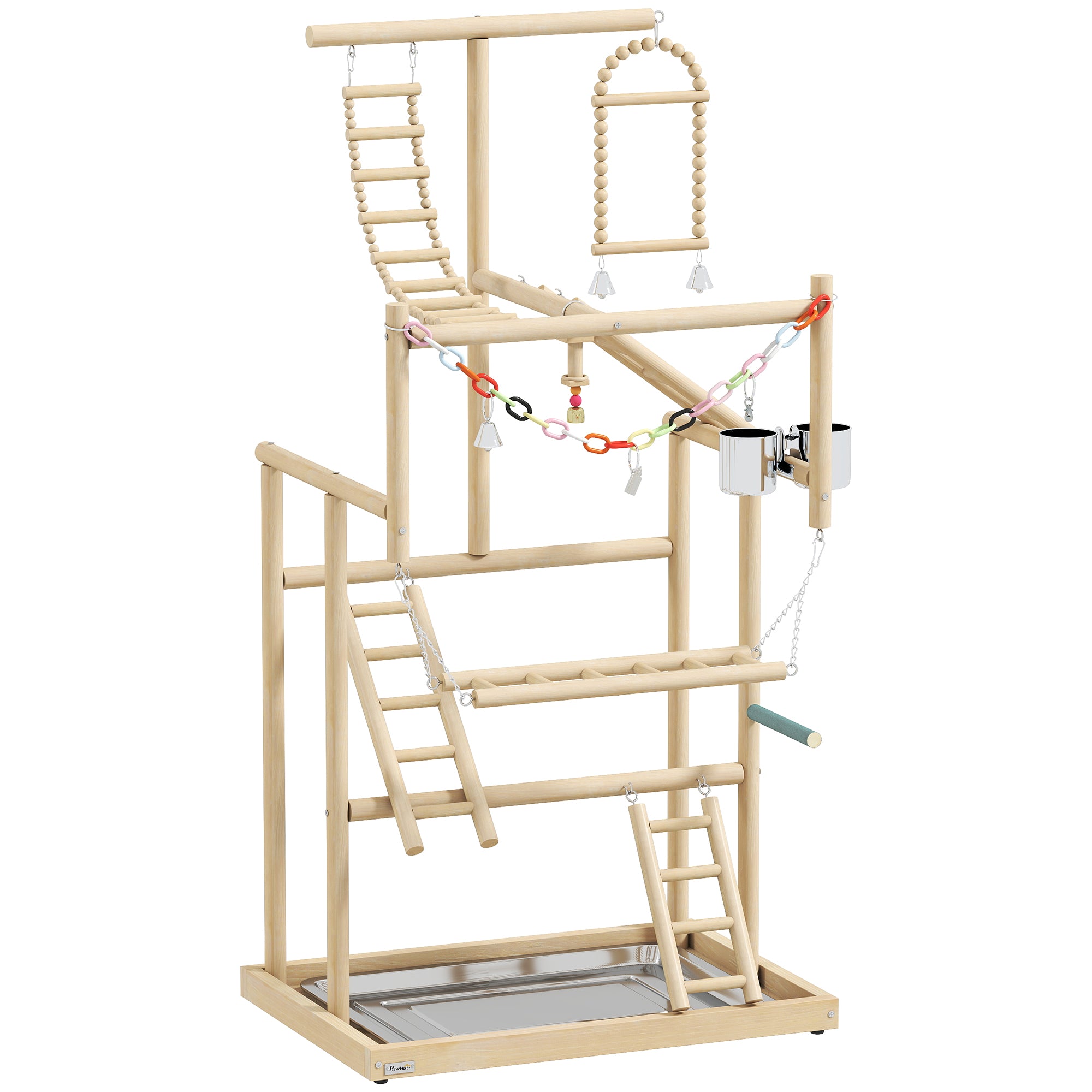 Bird Playground, 4 Layer Wooden Play Stand with Ladders, Chain Toy, Stainless Steel Cups and Tray for Small Birds