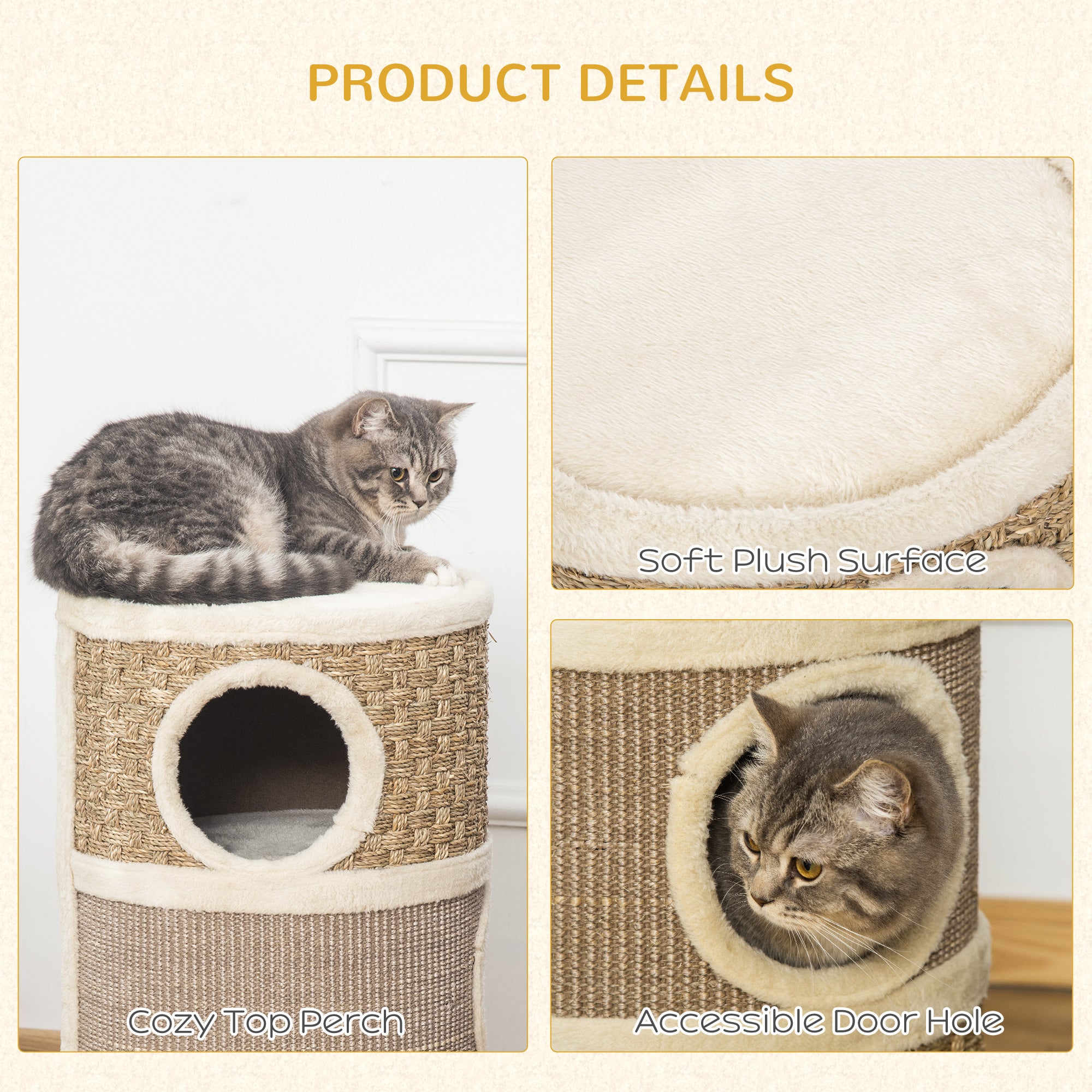Cat Condo 3 Story Three Holes with Sisal Seaweed Scratching Cover Surface, Cat Tower for Indoor Cats, 15" x 28", Khaki and Brown