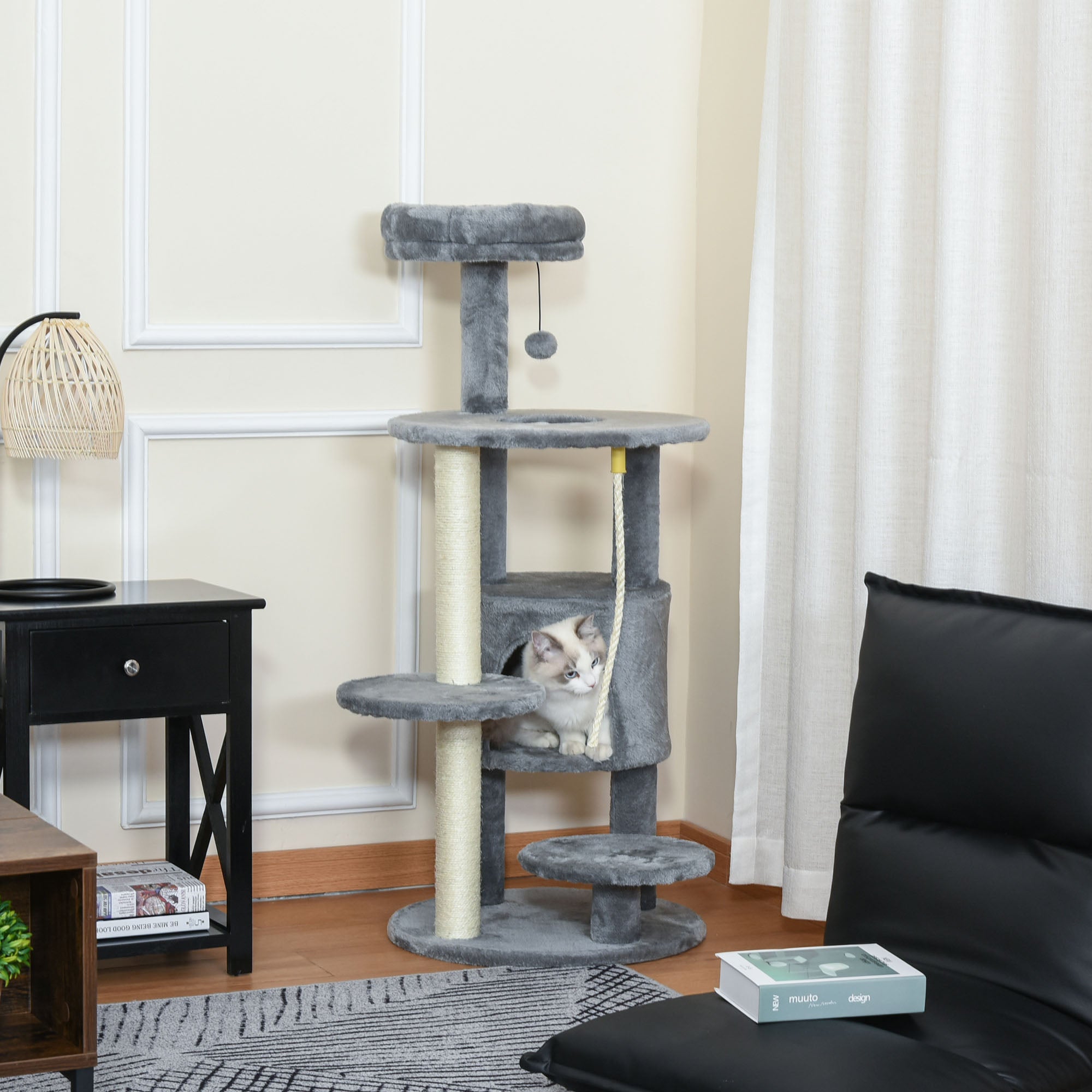 41" Cat Tree Tower Activity Center with Condo, Scratching Posts and Hanging Toys, Dark Grey