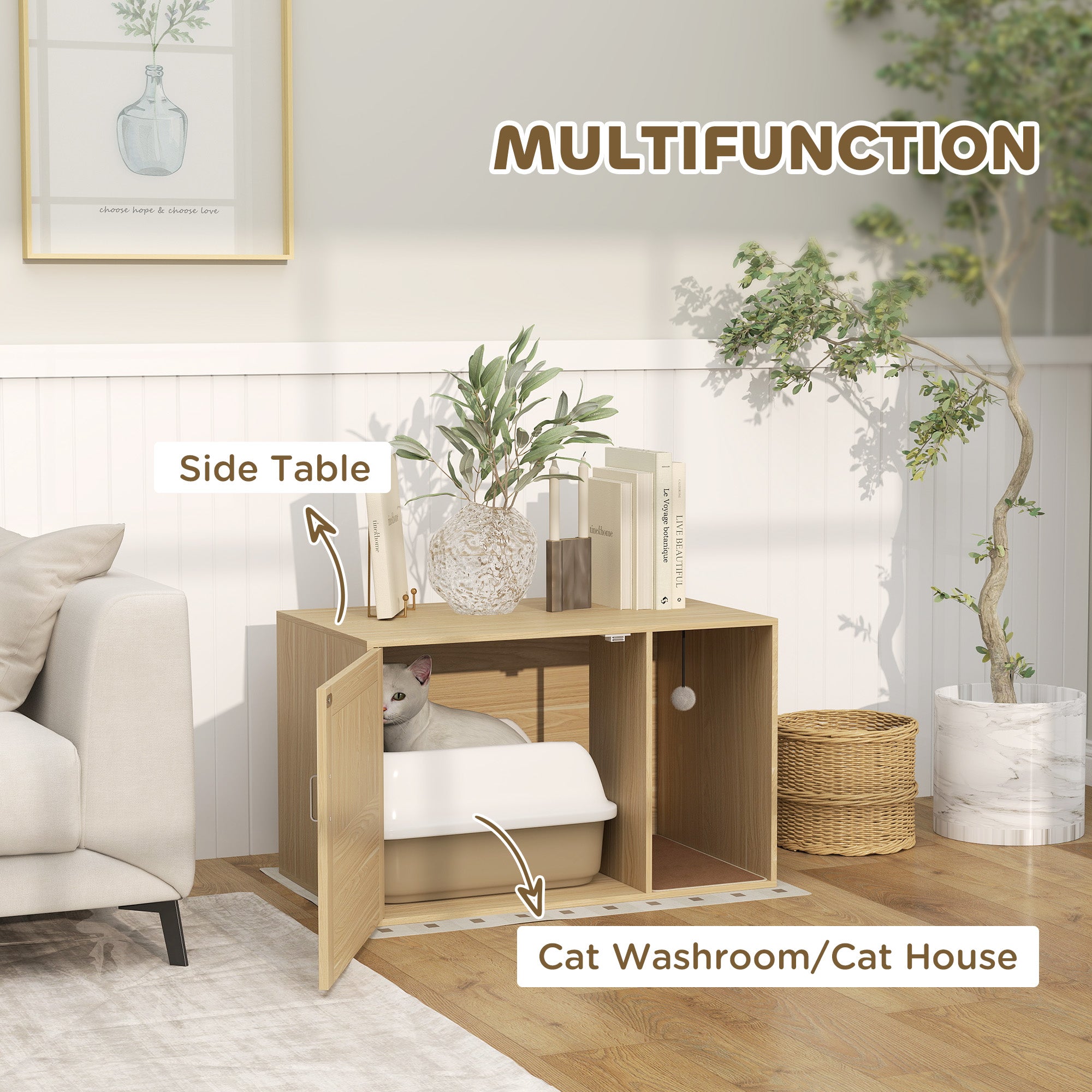 Cat Litter Box Enclosure, Cat Washroom End Side Table with Rattan Door, Scratching Pad, Non-slip Foot Pads, Oak