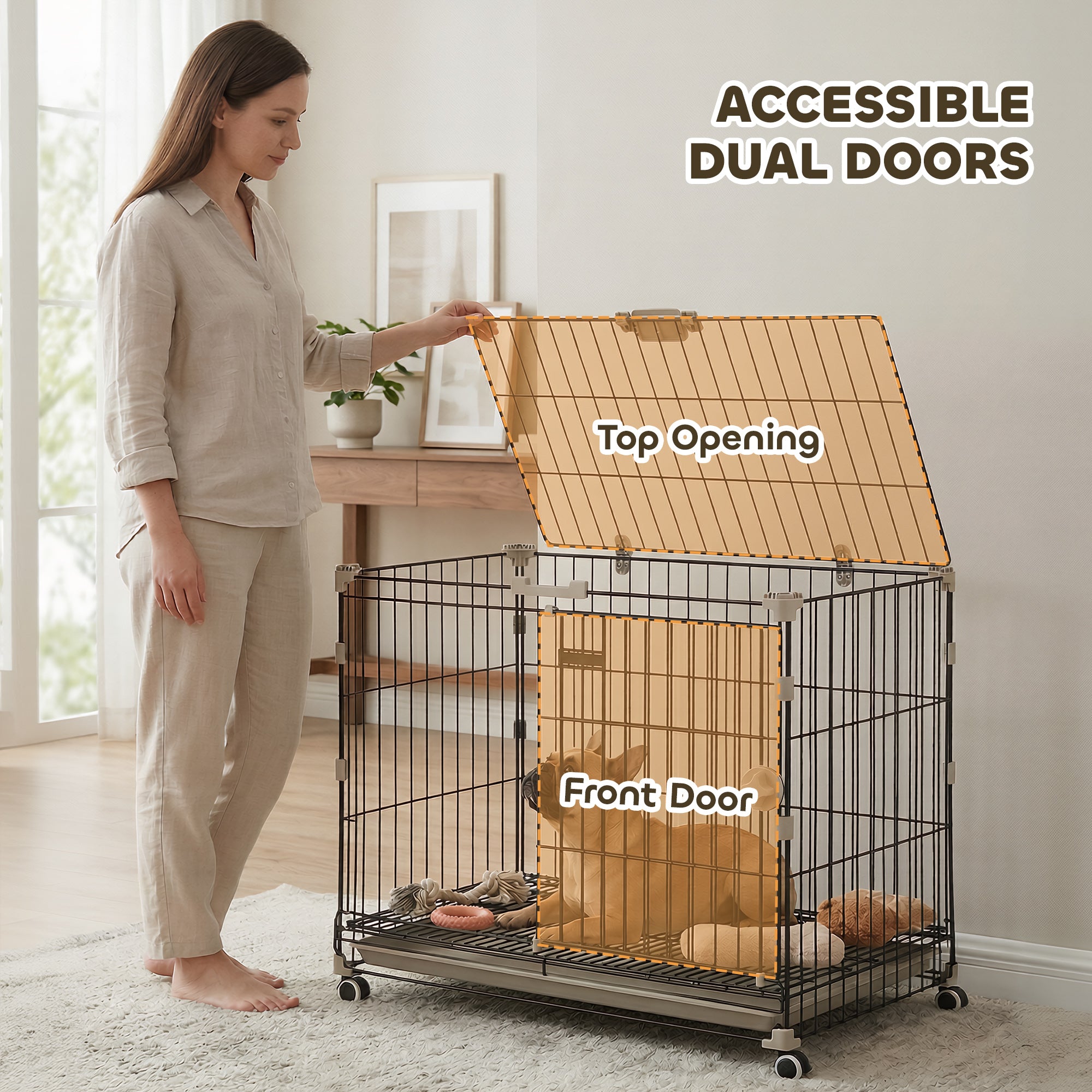 Dog Crate, 30 Inch Metal Dog Cage with Removable Tray, Lockable Wheels, 2 Doors for Small Medium Breeds, Black