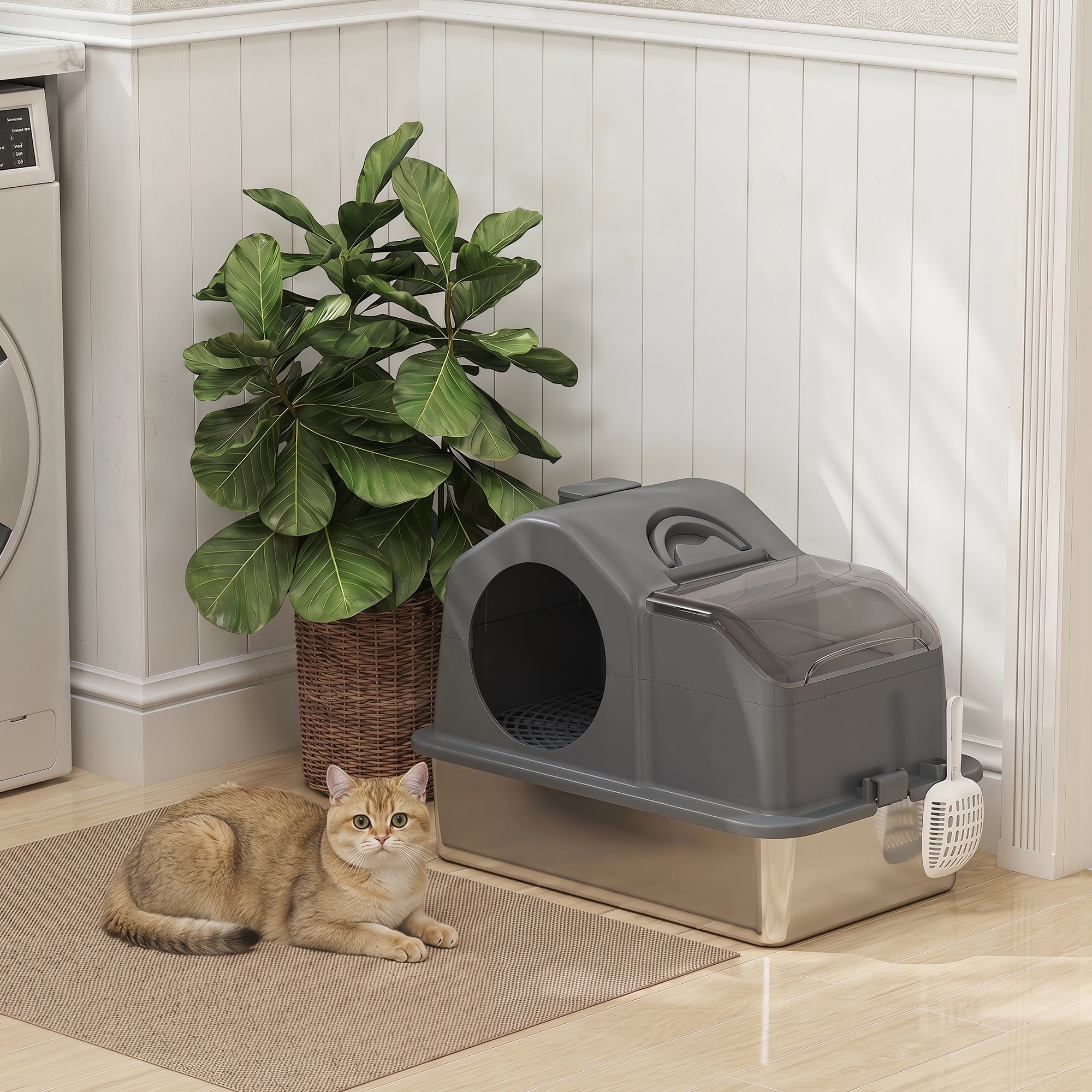 Extra Large Stainless Steel Cat Litter Box w/ High Sided, Removable Lid, Scoop, Odor Free, Non-Sticky, Dark Grey