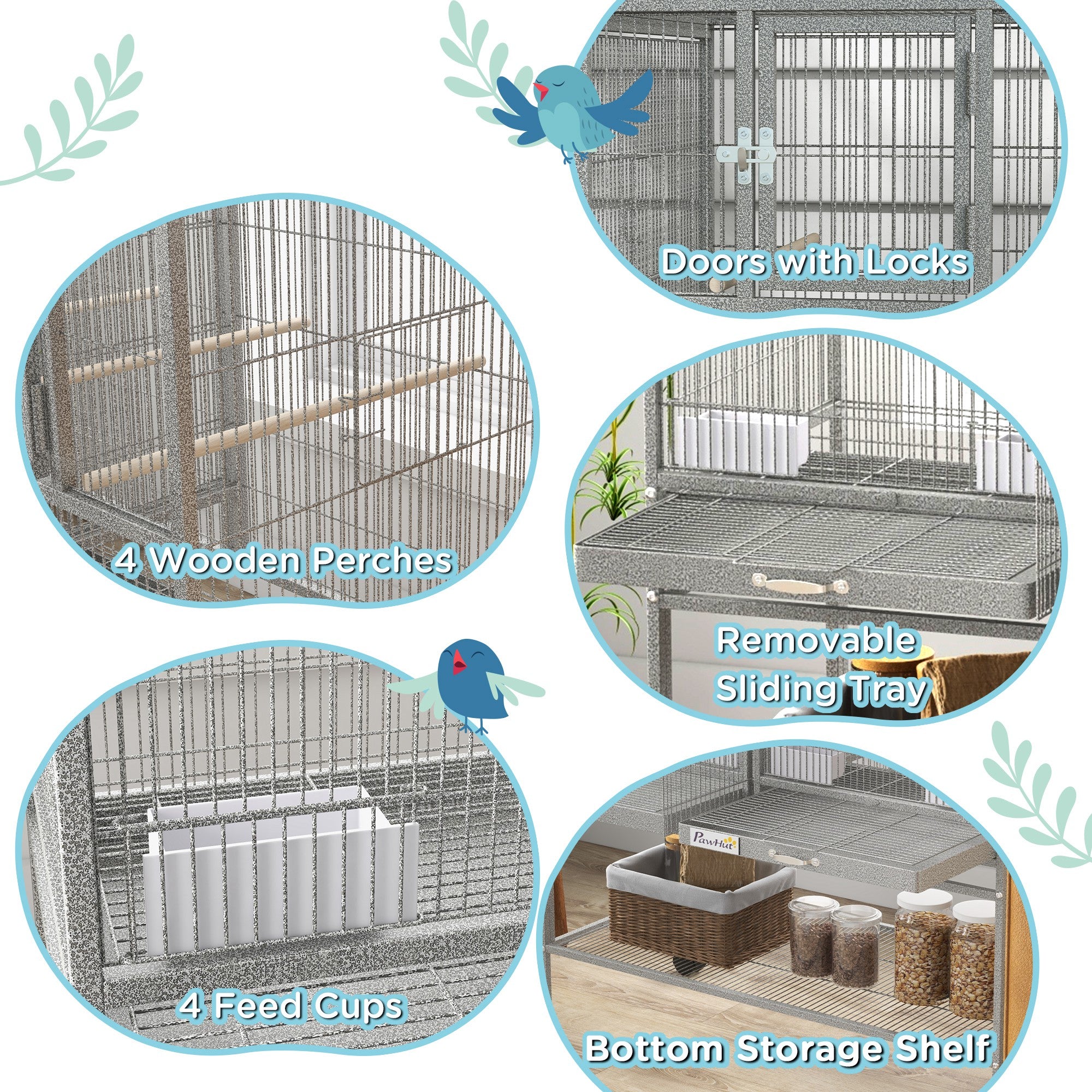 Grande cage à oiseaux métallique double à roulettes avec maison pour oiseaux, plateau amovible et étagère de rangement
