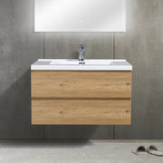 36" Rough Oak Wall Mount Bathroom Vanity with White Polymarble Countertop